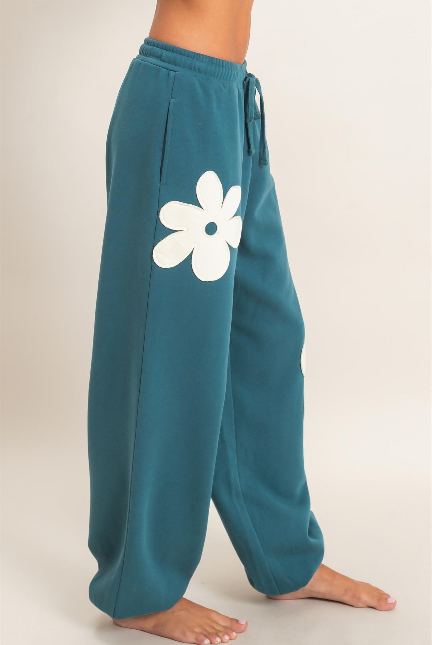 Wholesale Floral Applique Drawstring Jogger Pants Joggers DZ26F308 DARK TEAL DOUBLE ZERO