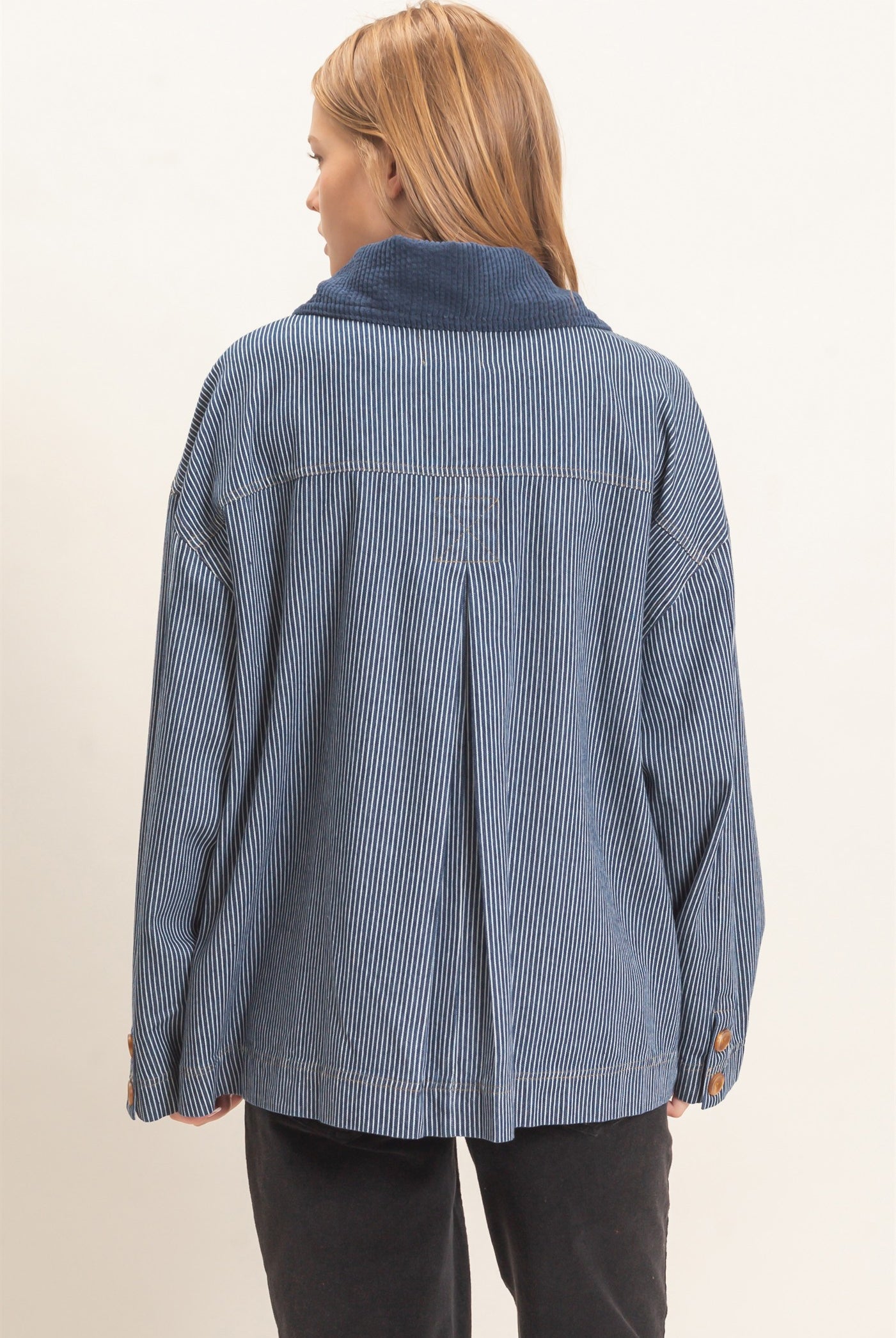 Wholesale Pinstripe Denim Jacket Coats & Jackets HF26C006 DARK DENIM HYFVE