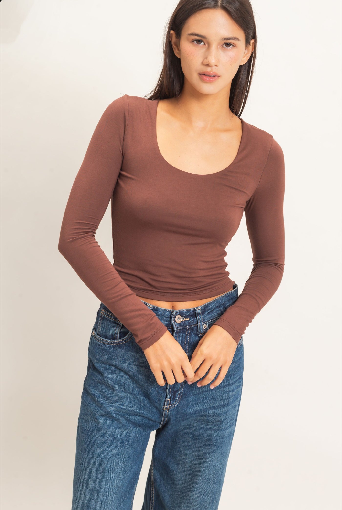 Wholesale Scoop Neck Long Sleeve Top Clothing Tops DZ26E250 DARK BROWN DOUBLE ZERO