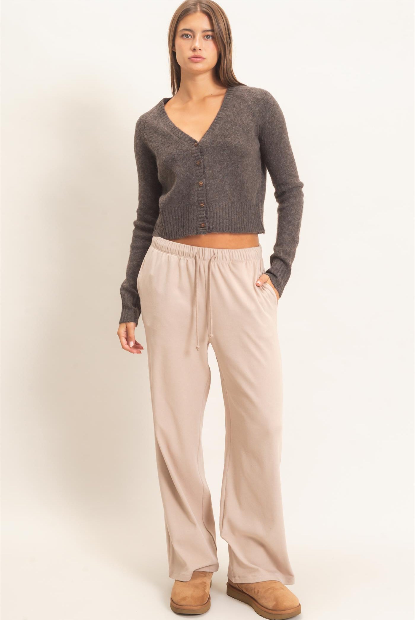 Wholesale Wide Leg Pants With Drawcord Pants DZ26E288 TAUPE DOUBLE ZERO