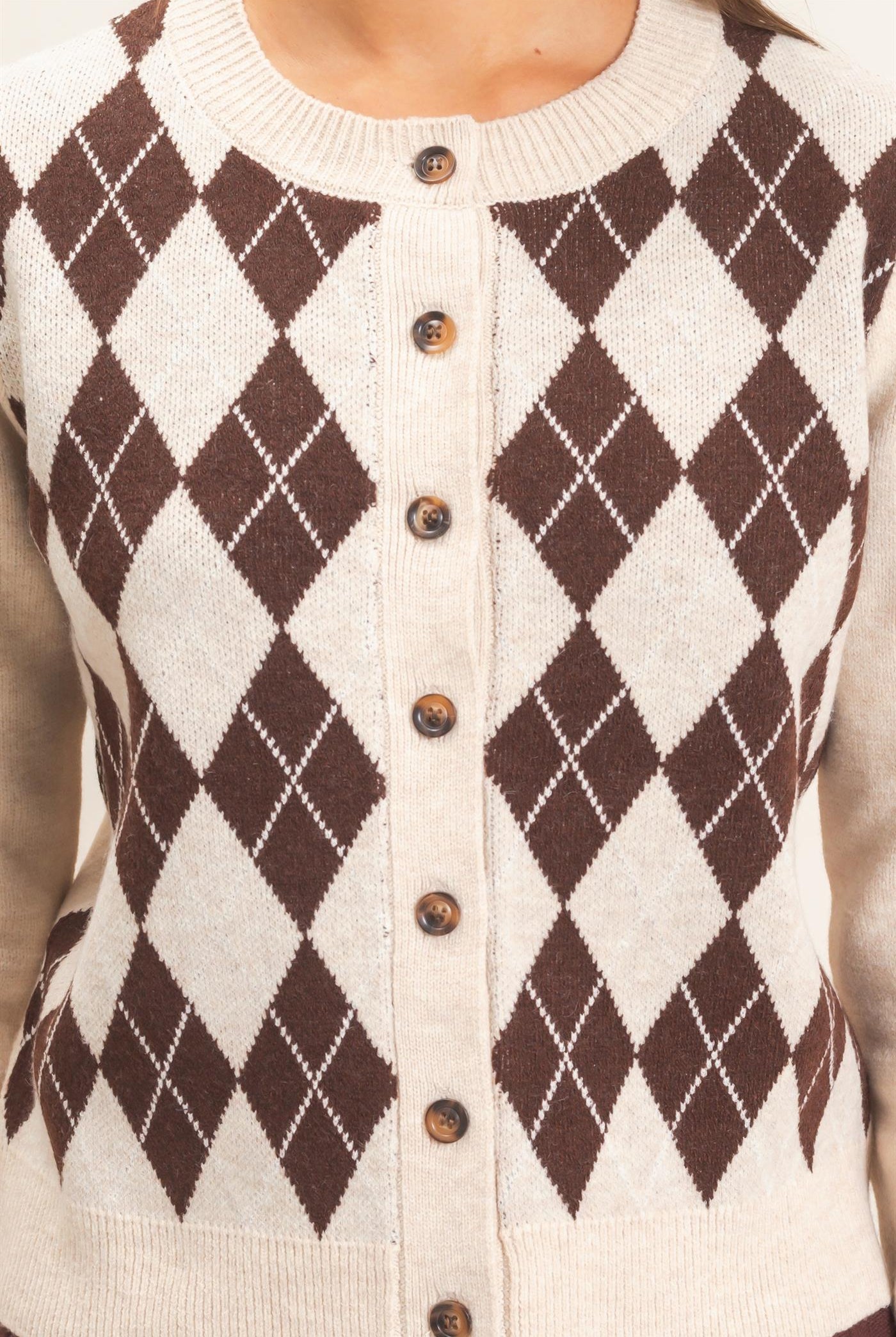 Wholesale Argyle Pattern Cardigan Cardigans DZ26E637 OATMEAL DOUBLE ZERO