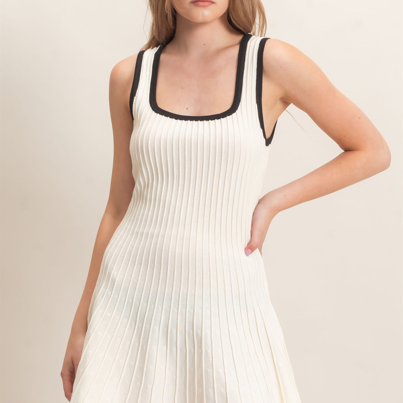 Wholesale Ribbed Square Neck Mini Dress Dresses HF26F213 CREAM HYFVE