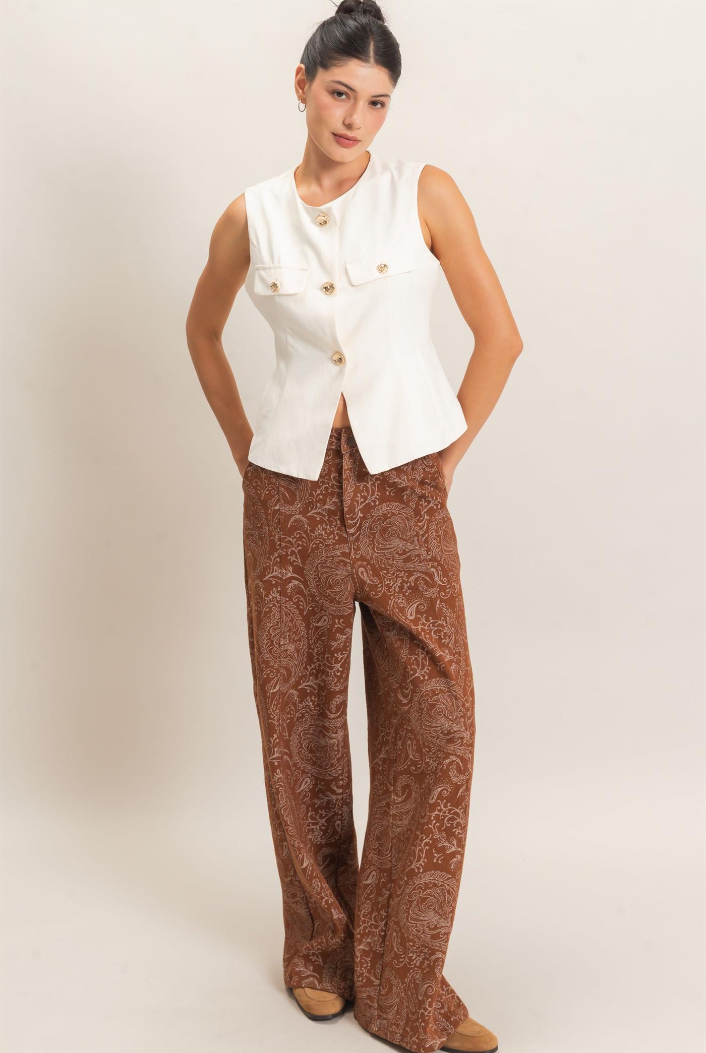 Wholesale Paisley Print Wide-Leg Pants Pants HF26F024 CHESTNUT HYFVE