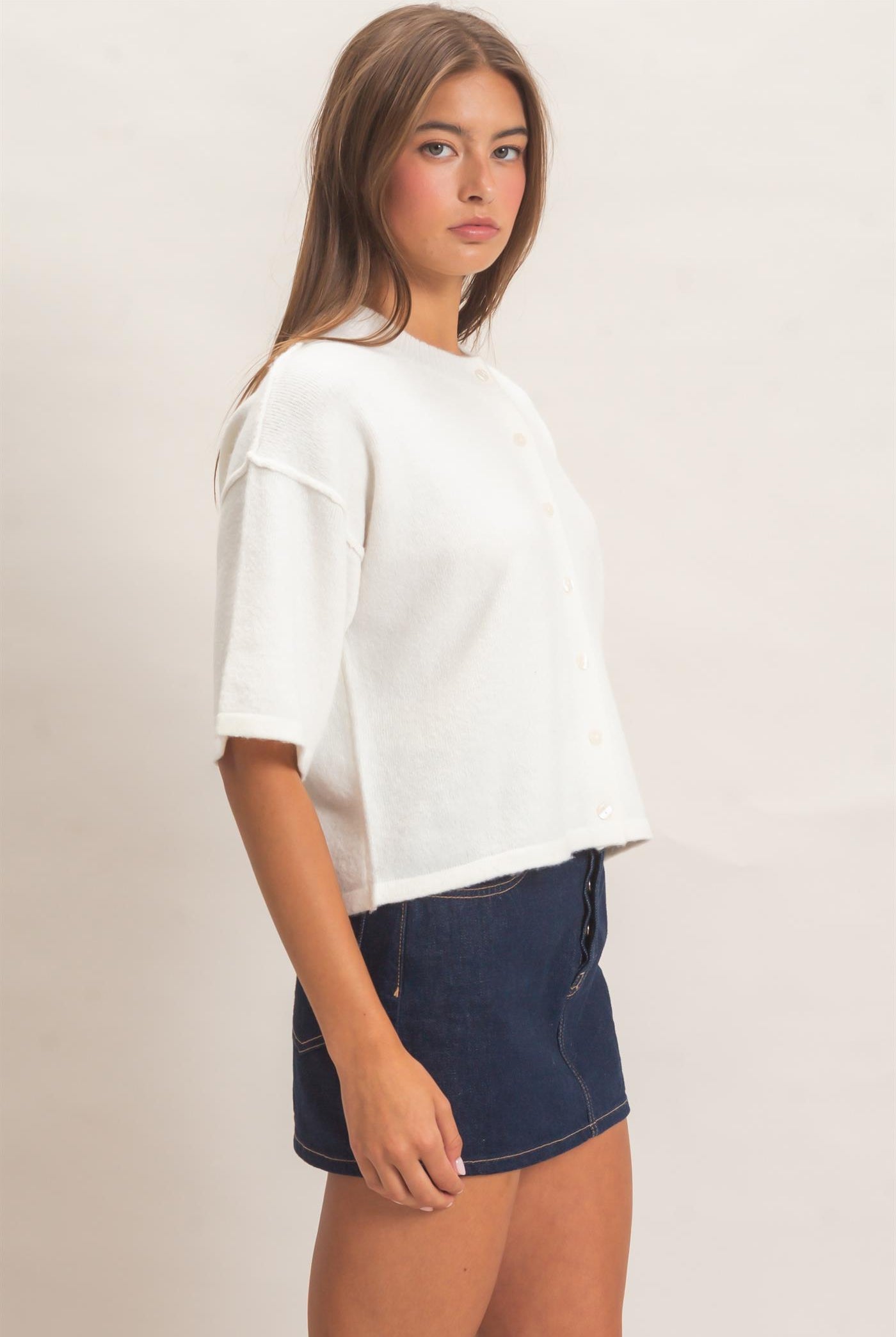 Wholesale Drop Shoulder Short Sleeve Cardigan Cardigans DZ26E238 WHIP CREAM DOUBLE ZERO