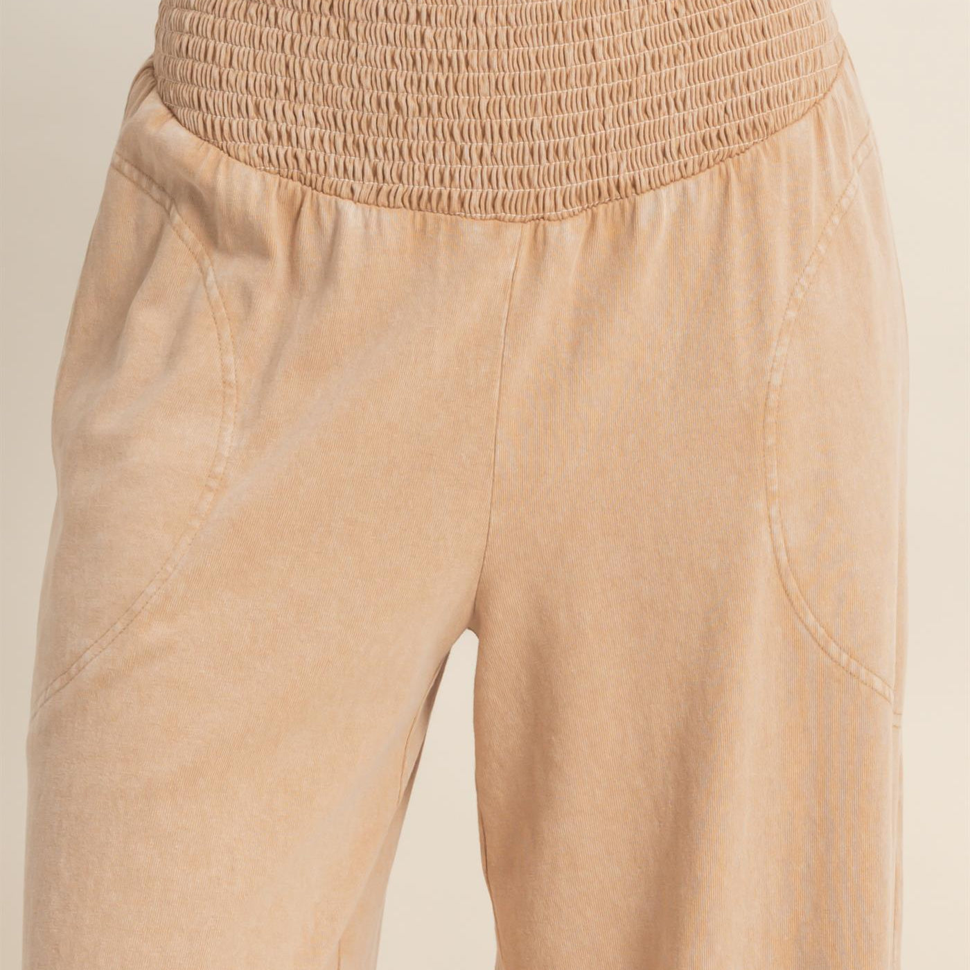 Wholesale Mineral Washed Wide-Leg Smocked Waist Pants Pants DZ26A249 DARK TAUPE DOUBLE ZERO