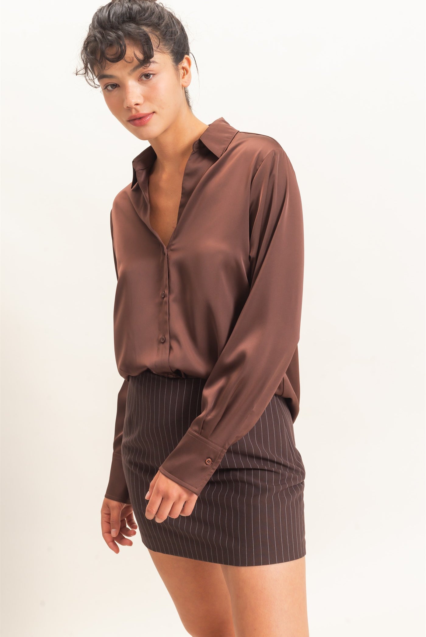 Wholesale Satin Button-Down Shirts Shirts DZ26E265 DARK BROWN DOUBLE ZERO