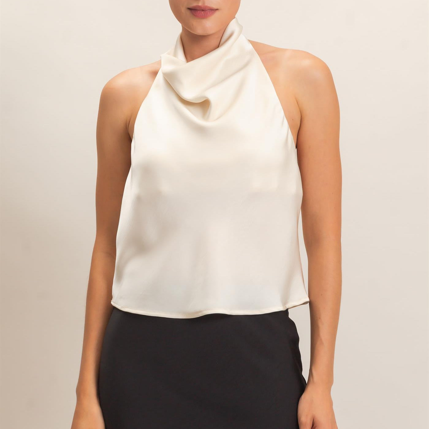 Wholesale Draped Halter Satin Top Blouses HF26E632 CREAM HYFVE