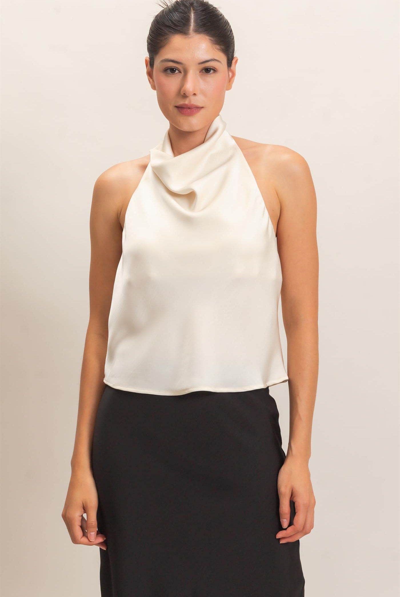 Wholesale Draped Halter Satin Top Blouses HF26E632 CREAM HYFVE