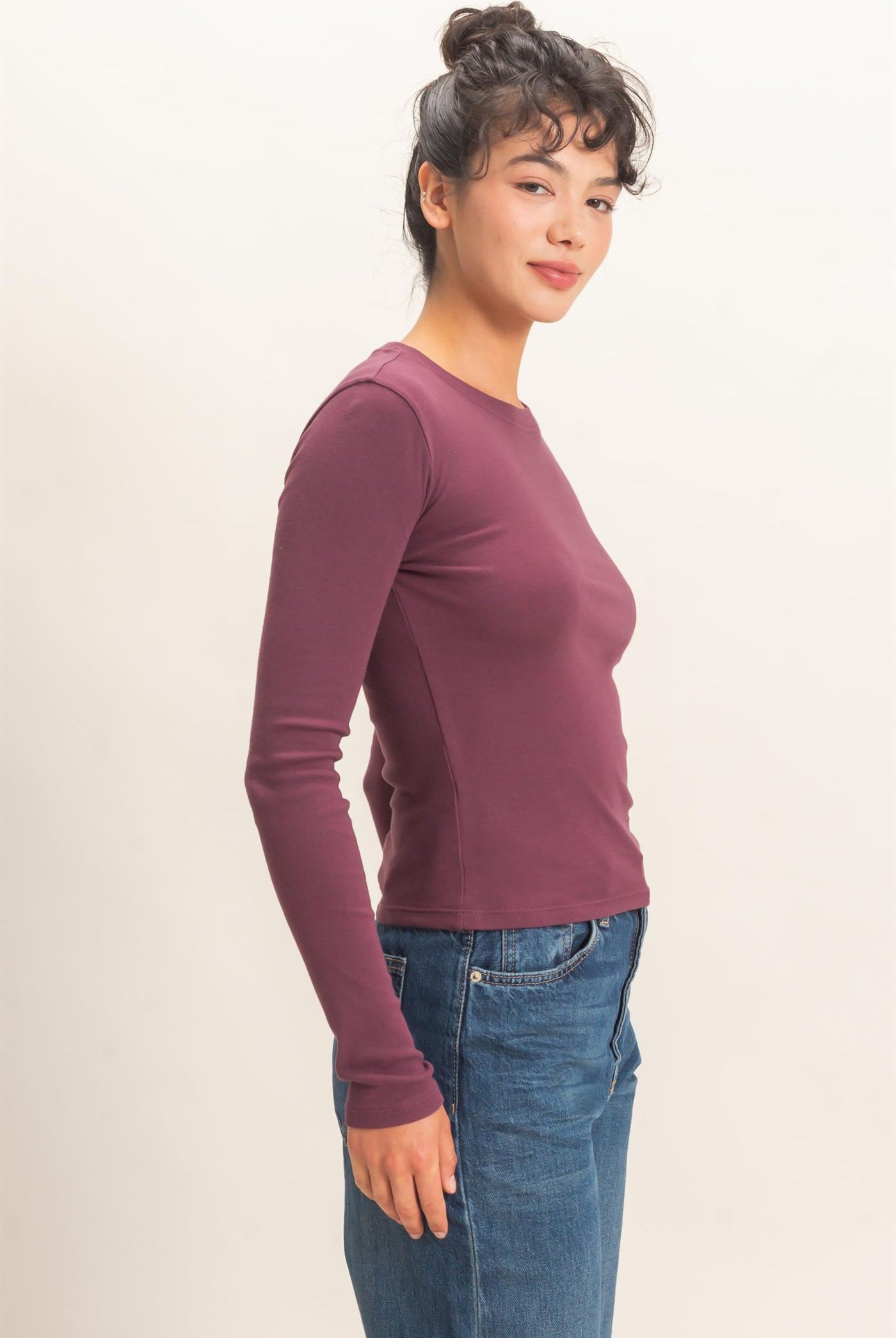 Wholesale Crew Neck Long Sleeve Top Clothing Tops DZ26E184 DARK CHERRY DOUBLE ZERO