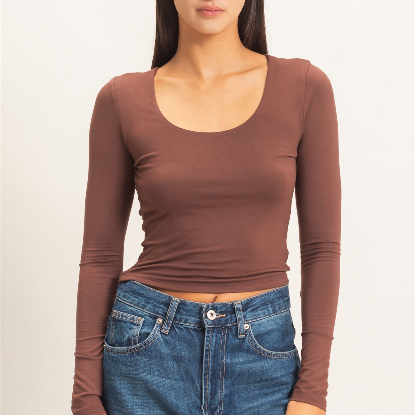 Wholesale Scoop Neck Long Sleeve Top Clothing Tops DZ26E250 DARK BROWN DOUBLE ZERO