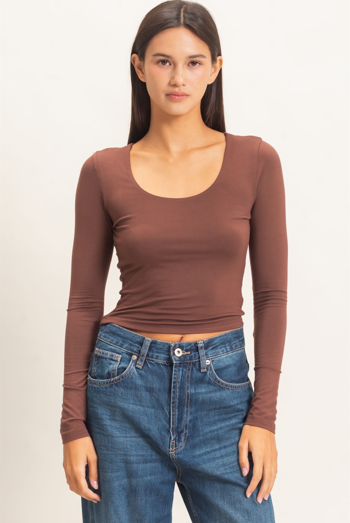 Wholesale Scoop Neck Long Sleeve Top Clothing Tops DZ26E250 DARK BROWN DOUBLE ZERO