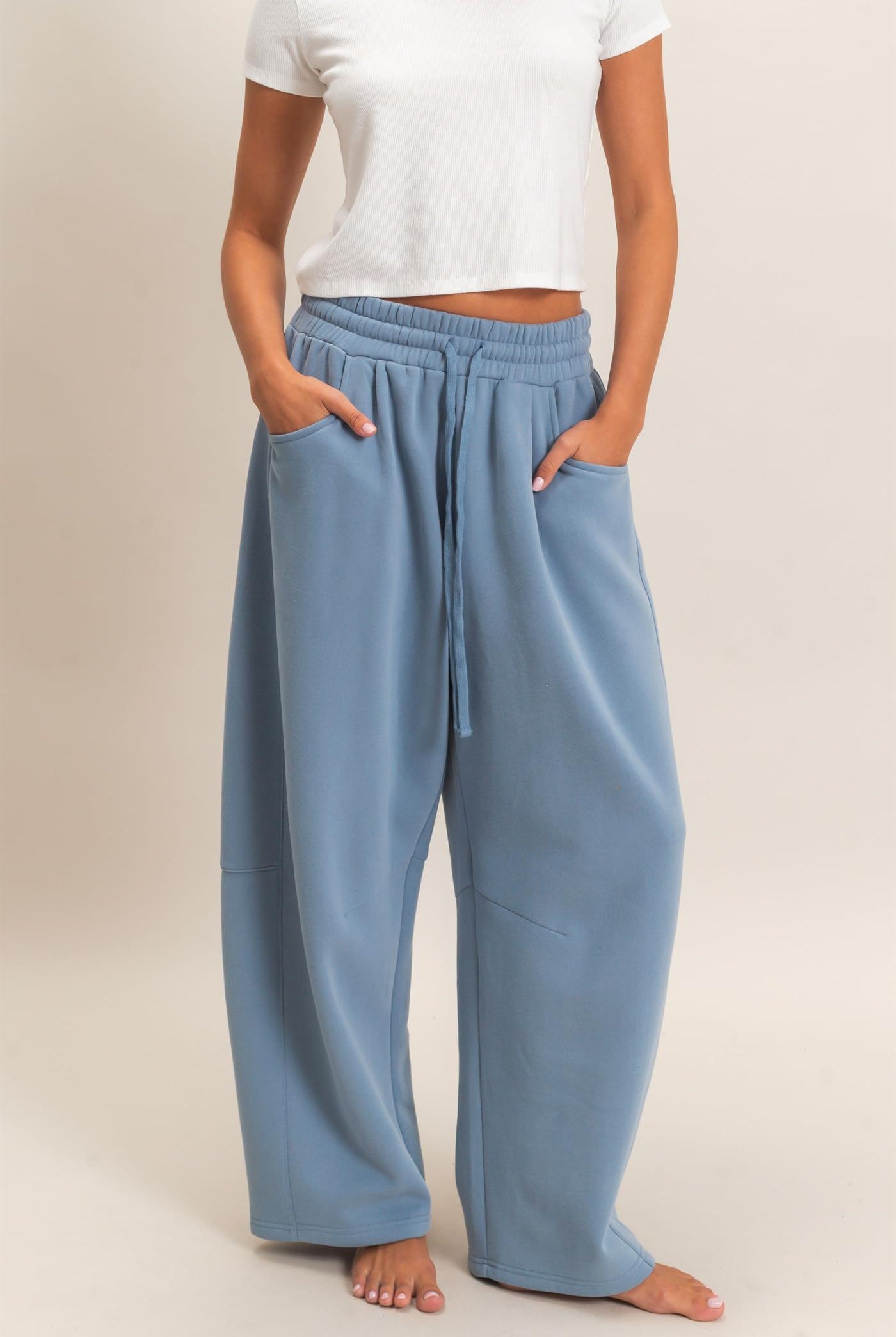 Wholesale Drawstring Waist Barrel Sweatpants Pants DZ26E290 DUSTY BLUE DOUBLE ZERO