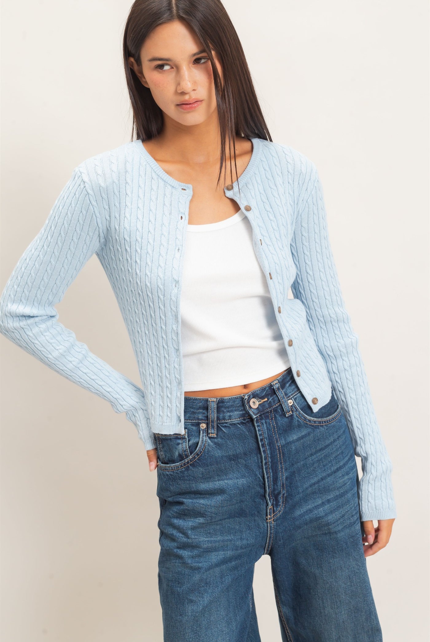 Wholesale Cable Knit Cardigan Cardigans DZ26E256 ICE BLUE DOUBLE ZERO