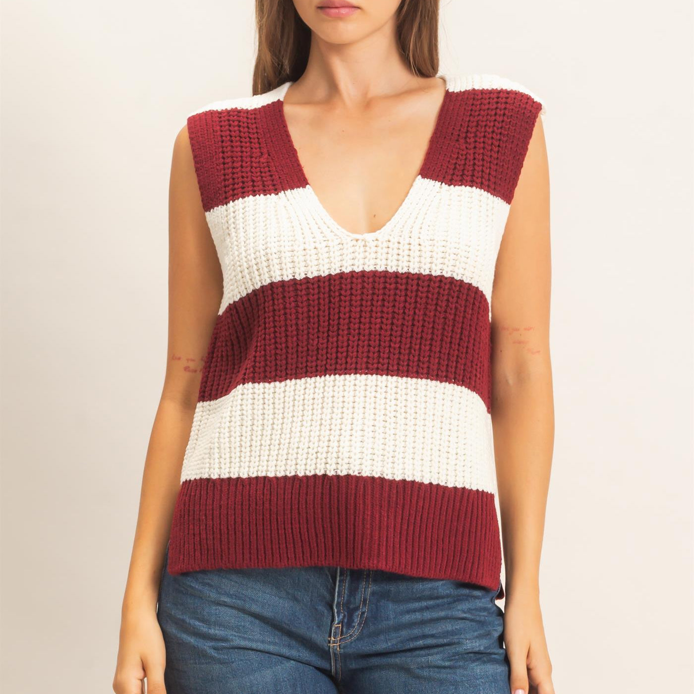 Wholesale V-Neck Striped Sweater Vest Sweaters HF26E482-D BURGUNDY HYFVE