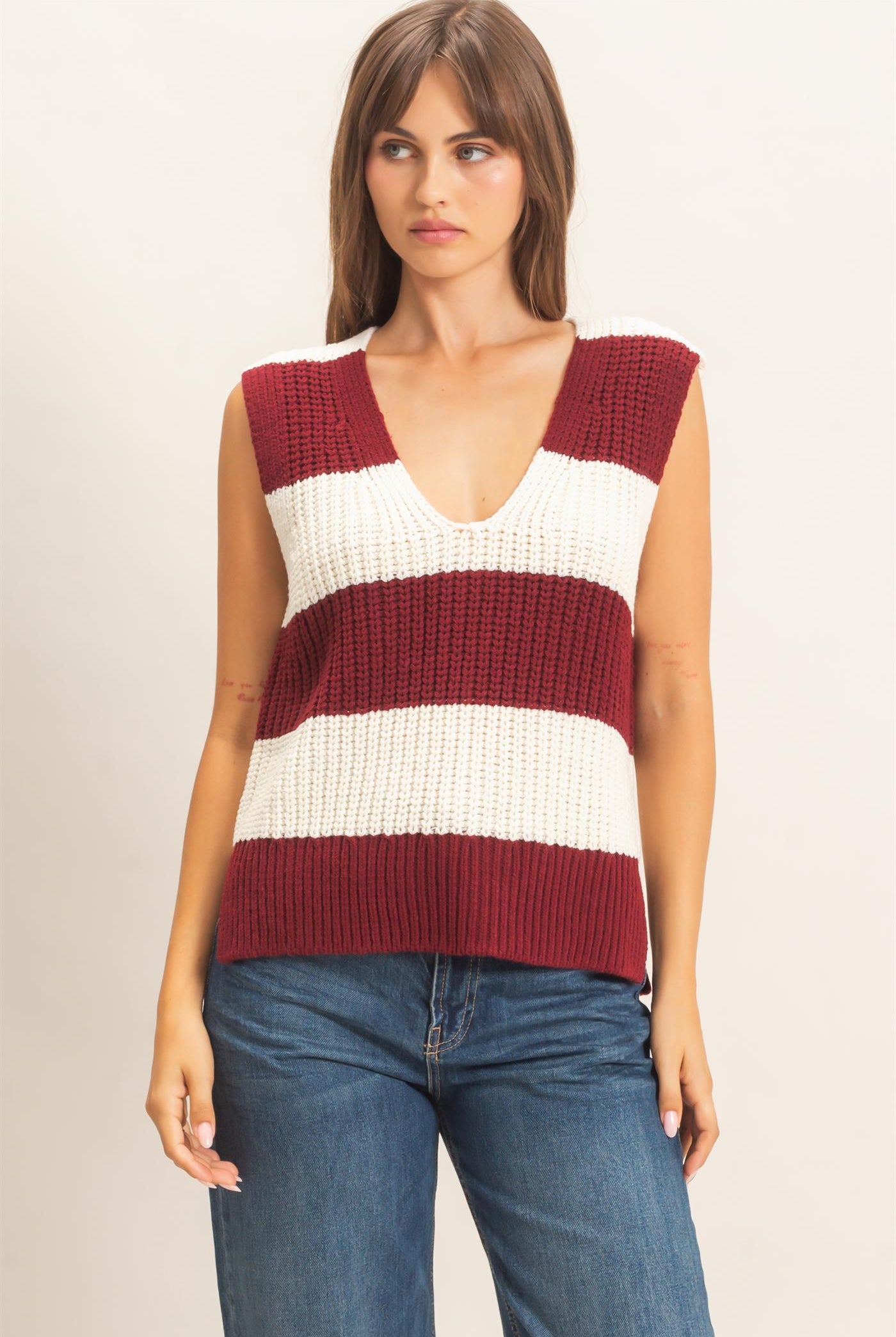 Wholesale V-Neck Striped Sweater Vest Sweaters HF26E482-D BURGUNDY HYFVE