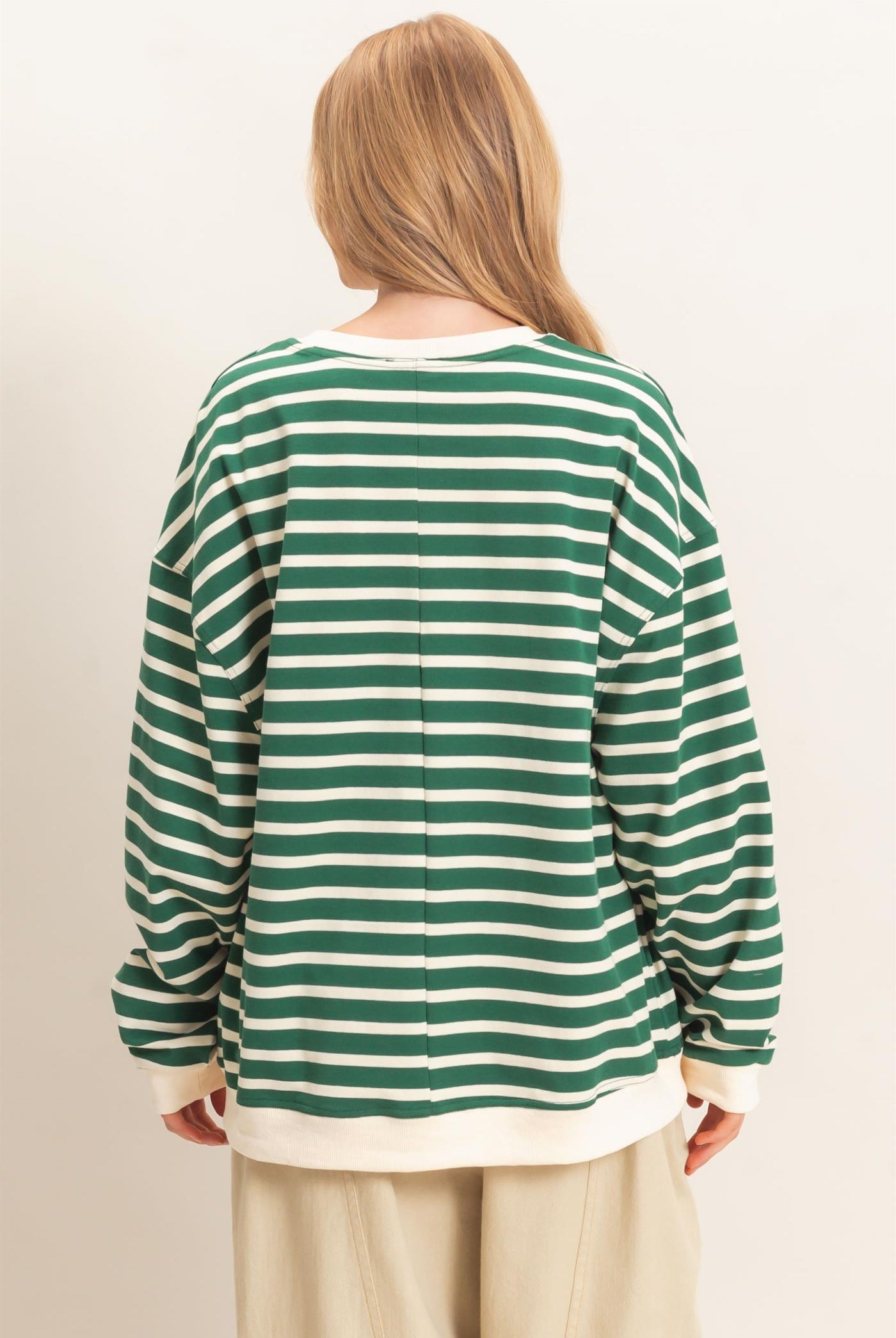 Wholesale Striped Long Sleeve Pullover Sweatshirts HF26F077 GREEN/CREAM HYFVE