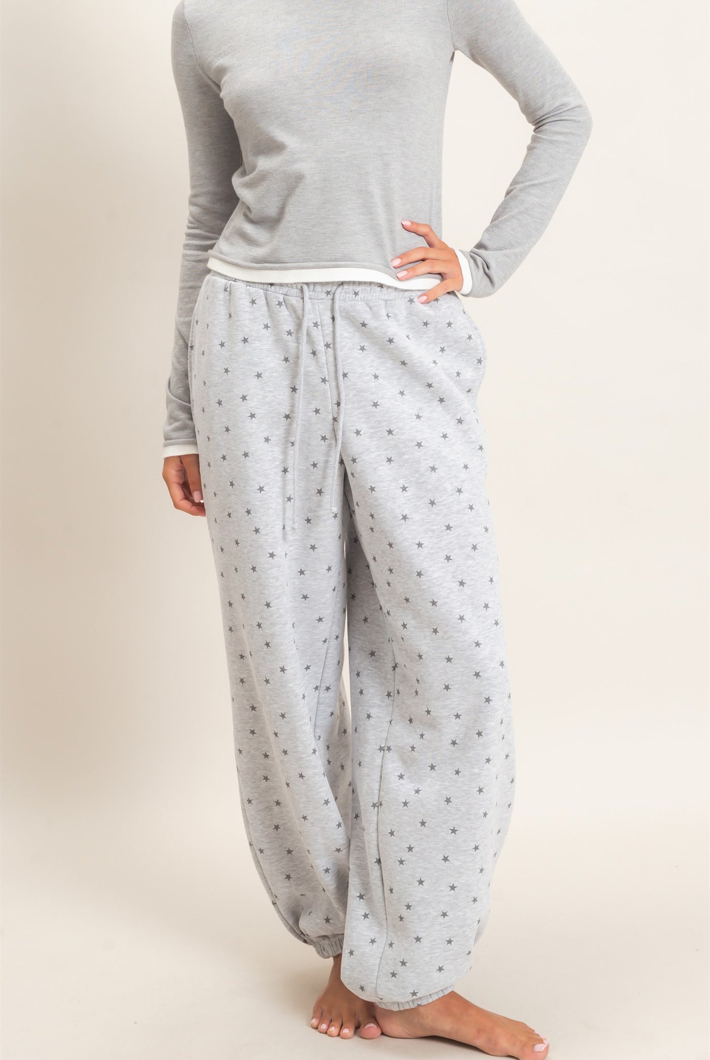 Wholesale Star Print Elastic Waist Jogger Pants Joggers DZ26E287 HEATHER GRAY DOUBLE ZERO