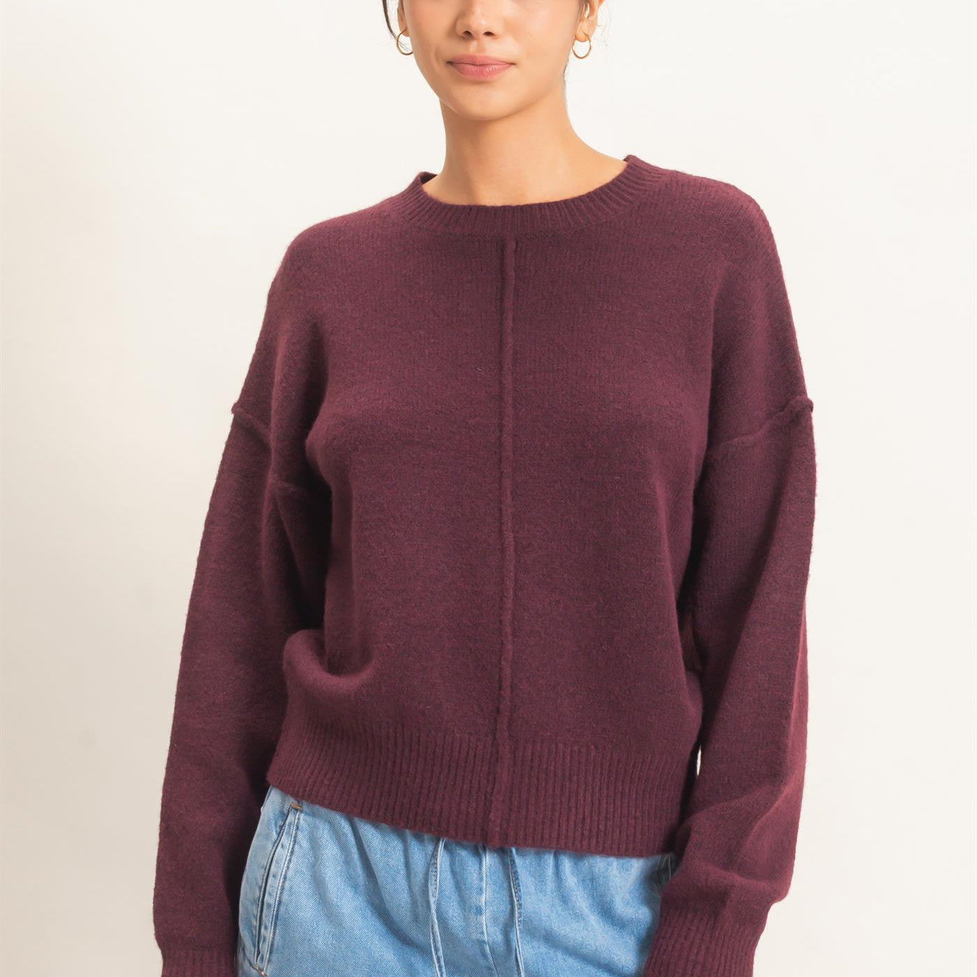 Wholesale Crew Neck Seam Detail Sweater Sweaters DZ26E240 DARK CHERRY DOUBLE ZERO