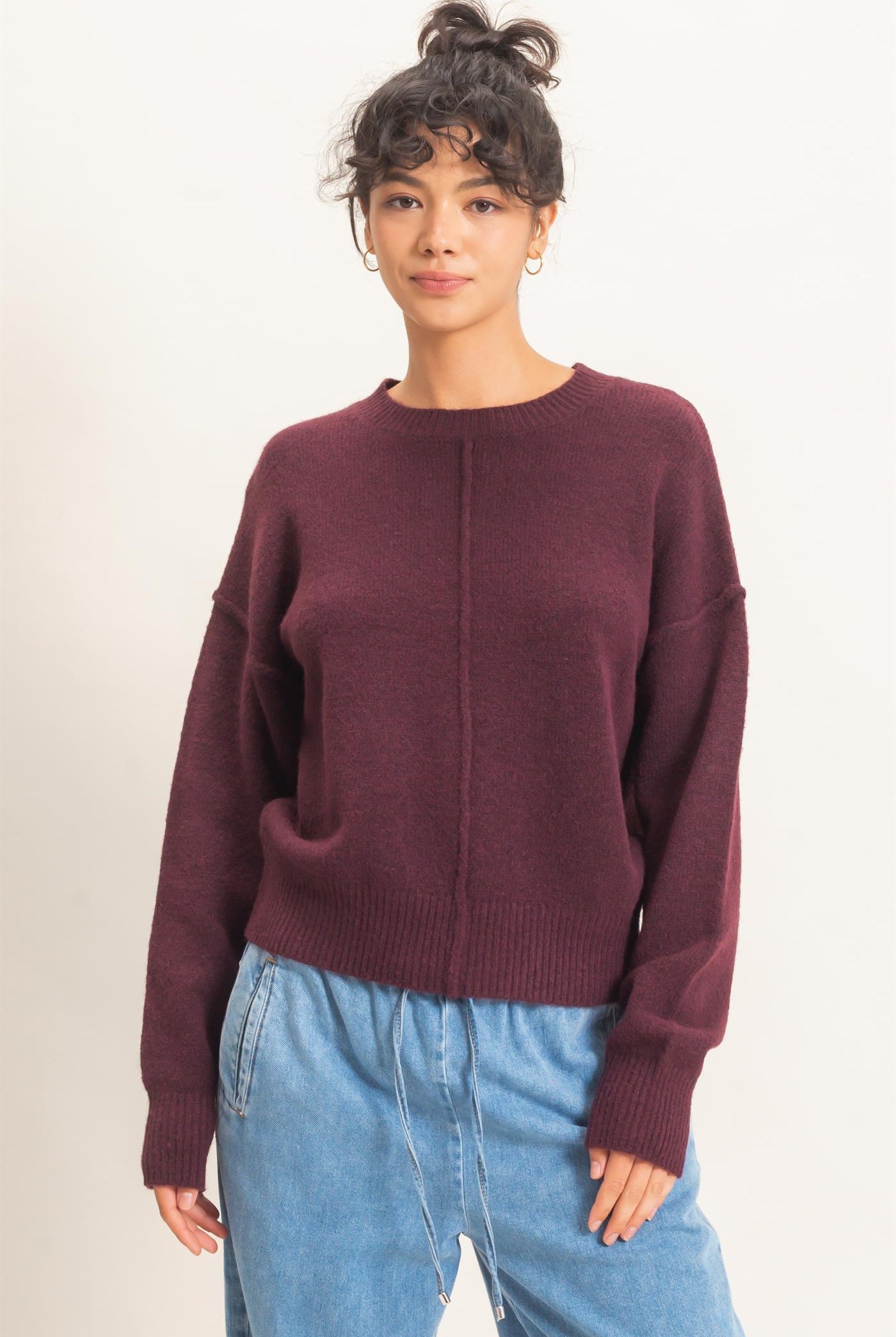Wholesale Crew Neck Seam Detail Sweater Sweaters DZ26E240 DARK CHERRY DOUBLE ZERO