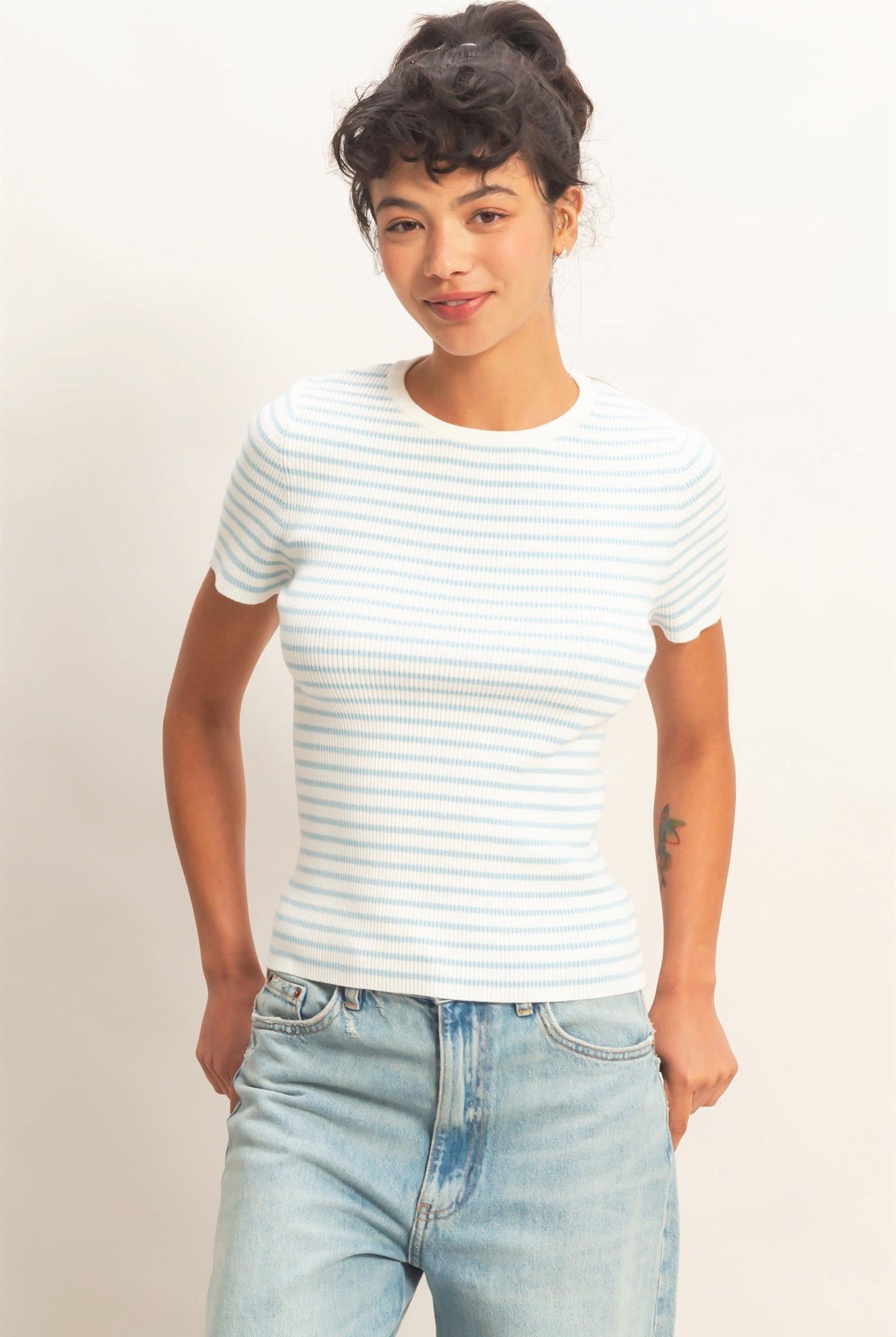 Wholesale Striped Ribbed Short Sleeve Crew Neck Knit Top Clothing Tops DZ26A450 ICE BLUE DOUBLE ZERO