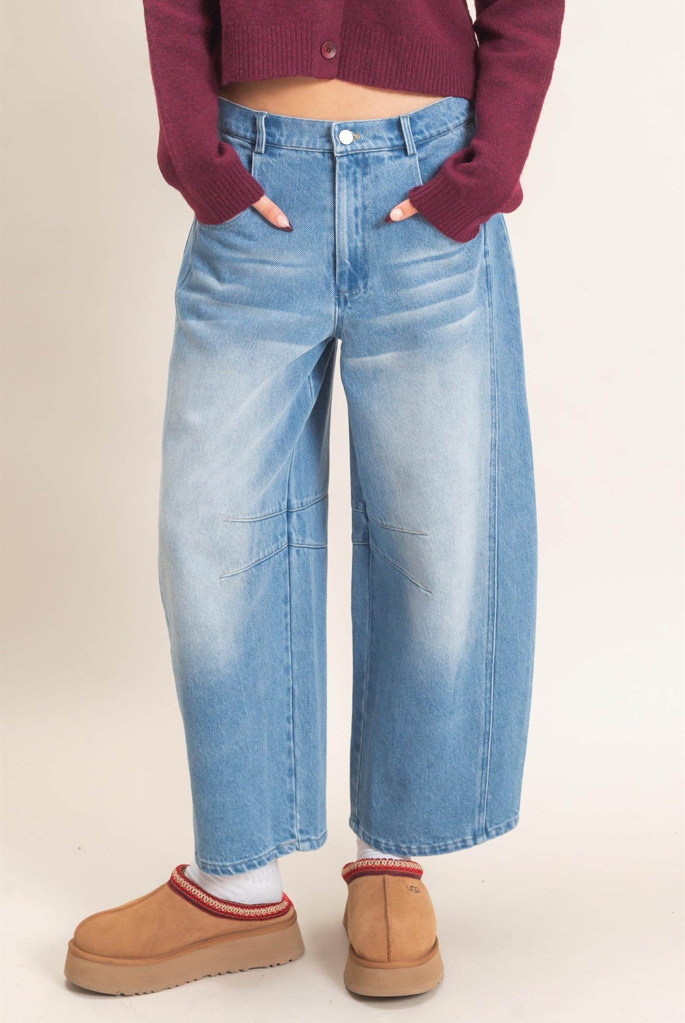 Wholesale Enzyme Wash Barrel Jeans Pants HF26E060 LIGHT BLUE HYFVE