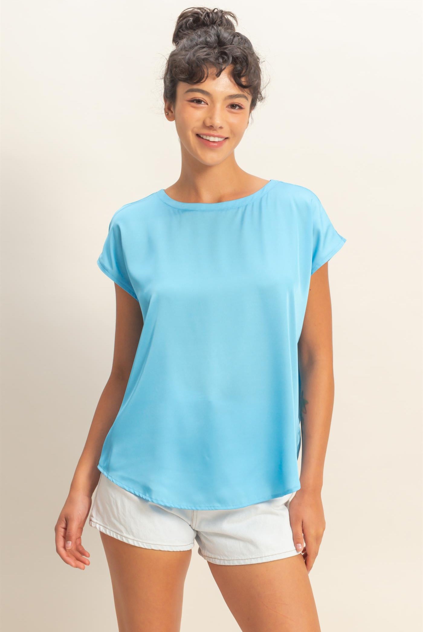 Wholesale Satin Dolman Sleeve Round Neck Blouse Clothing Tops DZ26C181 BLUE DOUBLE ZERO