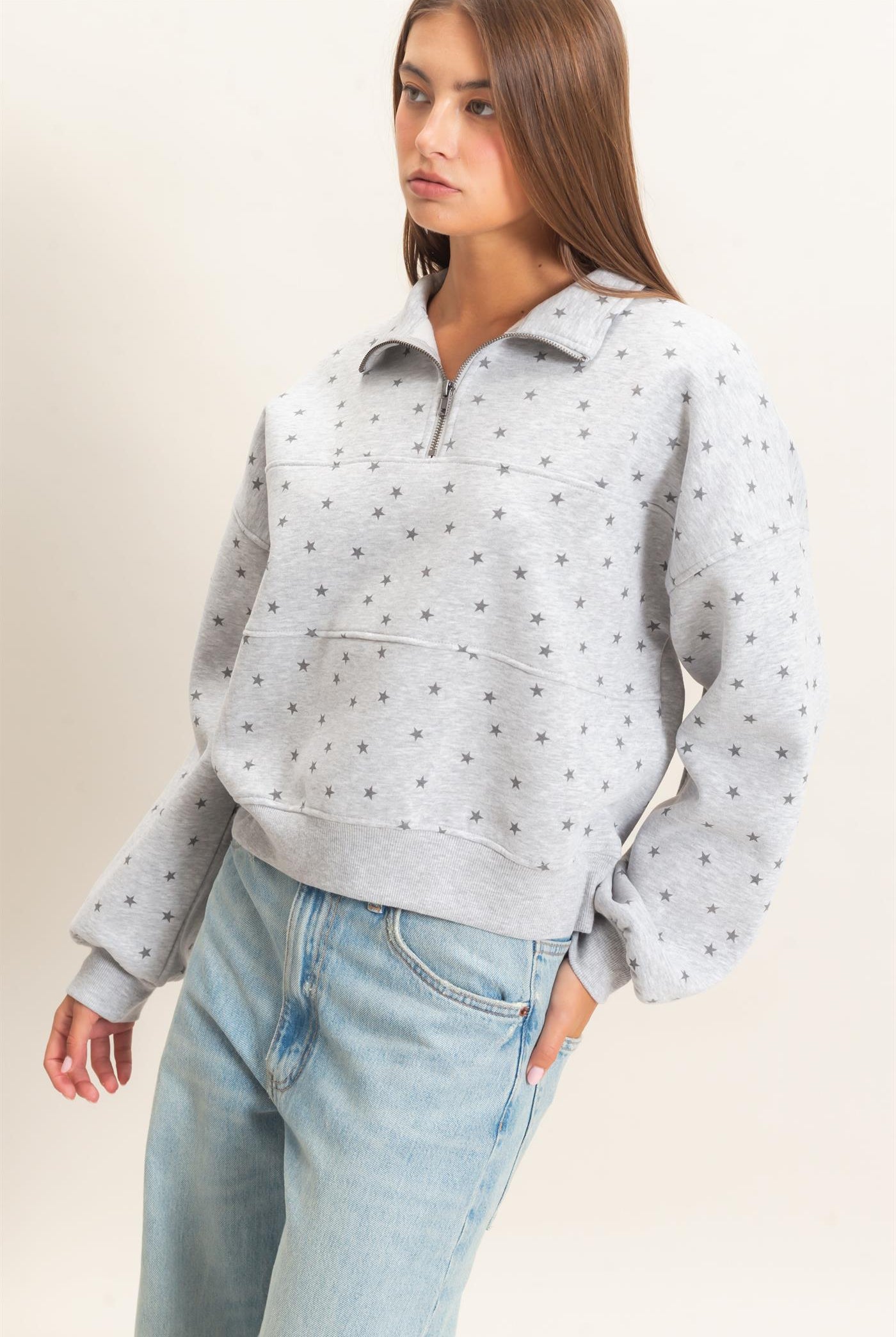 Wholesale Star Print Half Zip Sweatshirt Sweatshirts DZ26E245 HEATHER GRAY DOUBLE ZERO