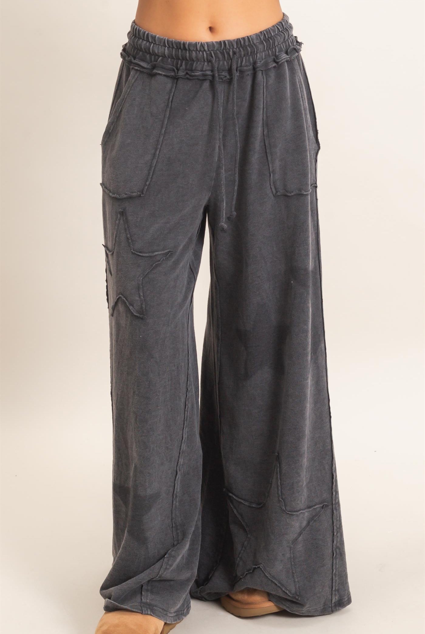 Wholesale Mineral Wash Star Patch And Print Wide Leg Pants Pants DZ26F060 BLACK DOUBLE ZERO