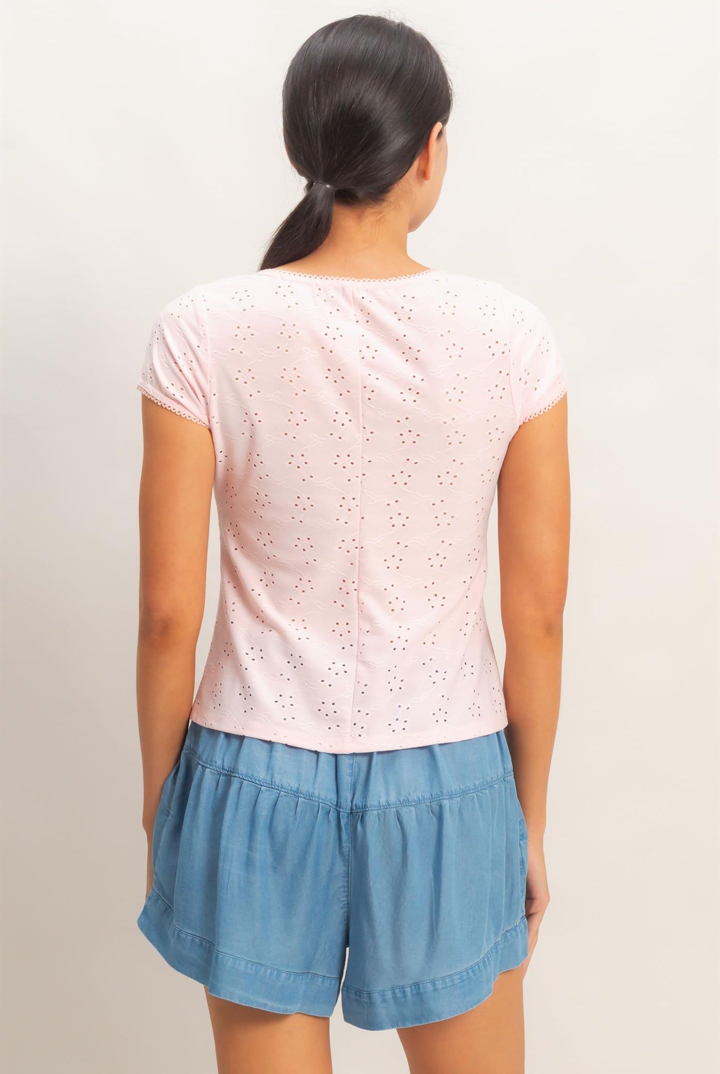 Wholesale Eyelet Button Front Knit Top Clothing Tops HF26C094 PINK HYFVE