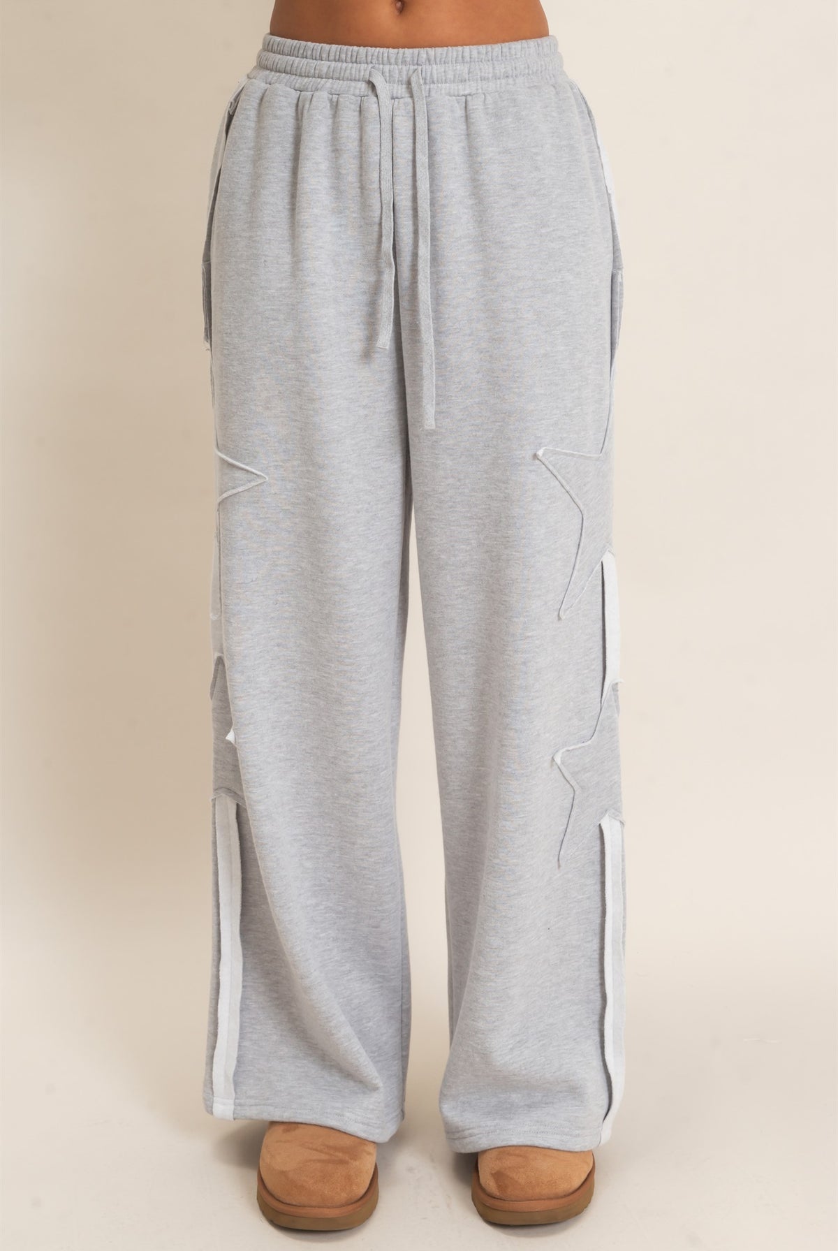 Wholesale French Terry Star Patch Sweatpants Pants DZ27A197 HEATHER GRAY DOUBLE ZERO