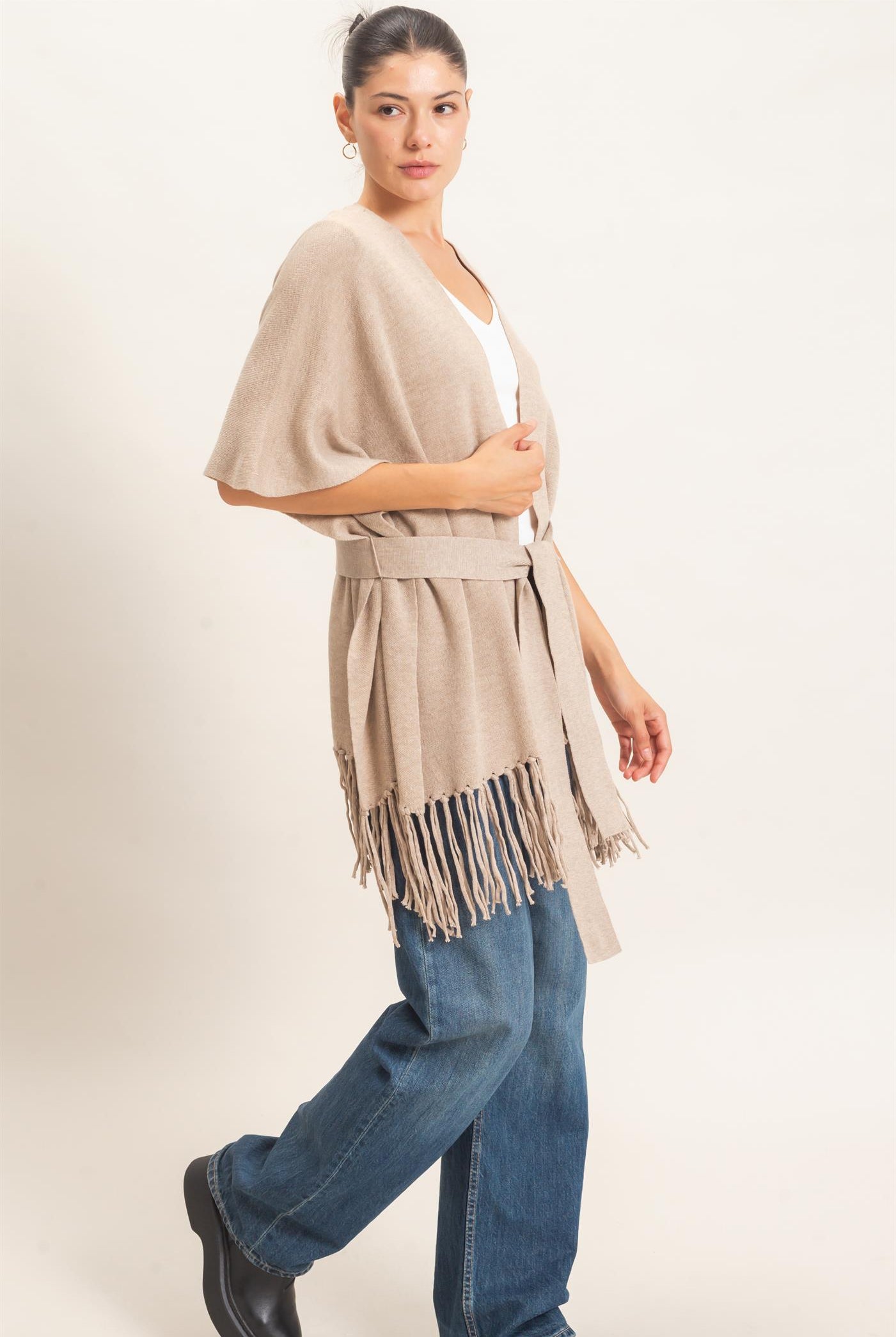 Wholesale Fringe Hem Kimono Sweater Kimonos HF26E041 CAMEL HYFVE