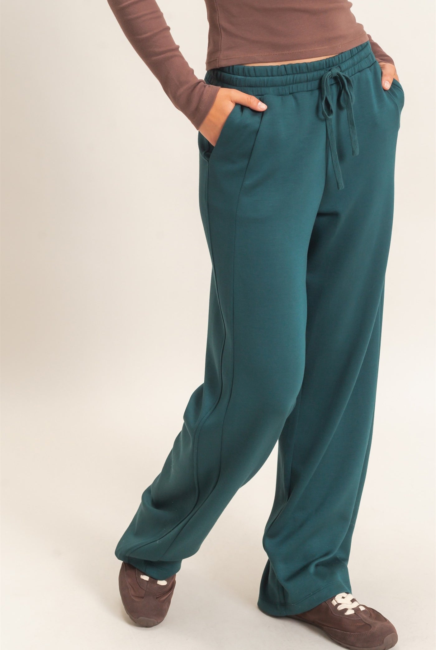 Wholesale Elastic Waist Straight Leg Pants Pants DZ26C969 DEEP GREEN DOUBLE ZERO