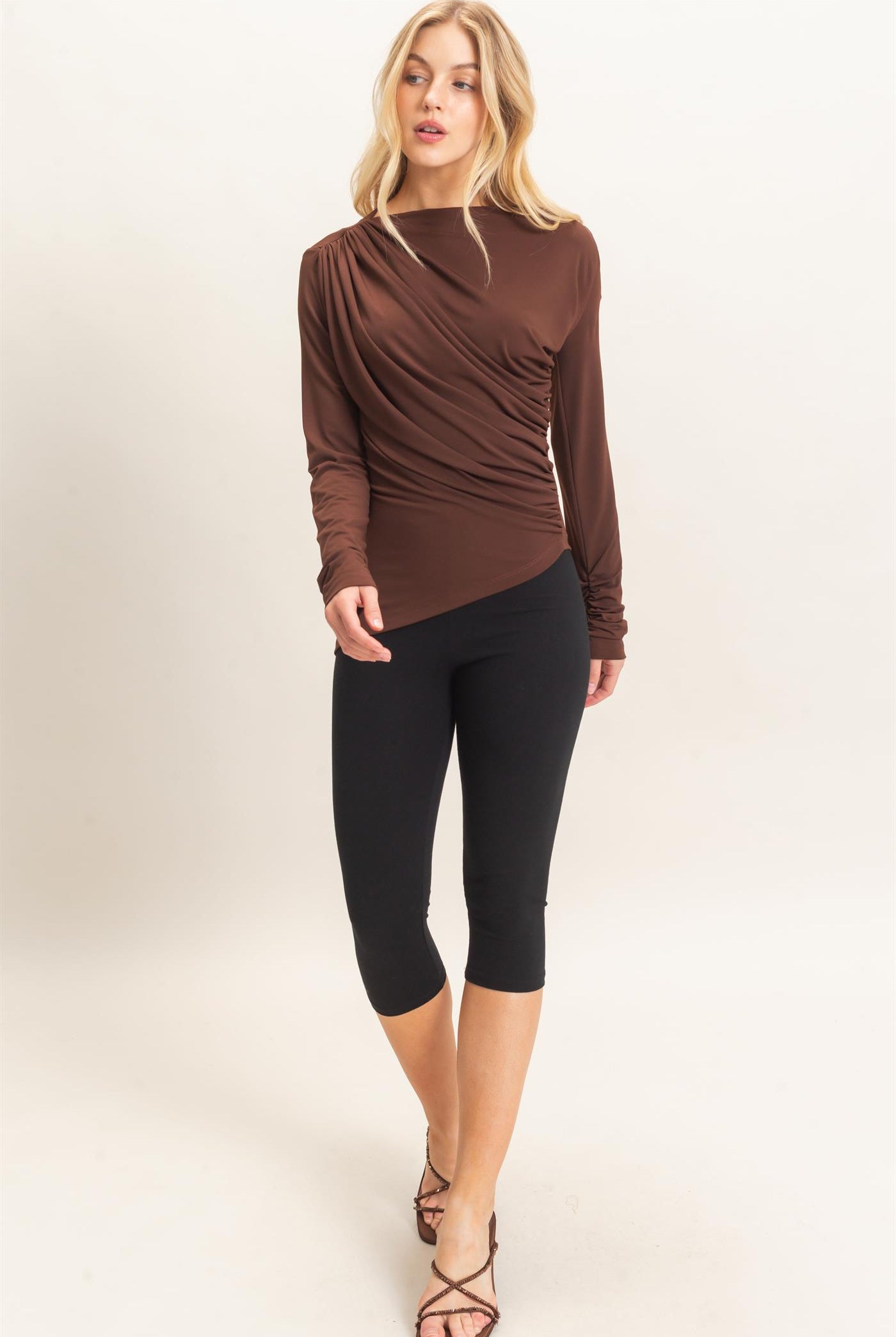 Wholesale Asymmetrical Ruched Long Sleeve Top Clothing Tops HF26C683 CHOCOLATE HYFVE