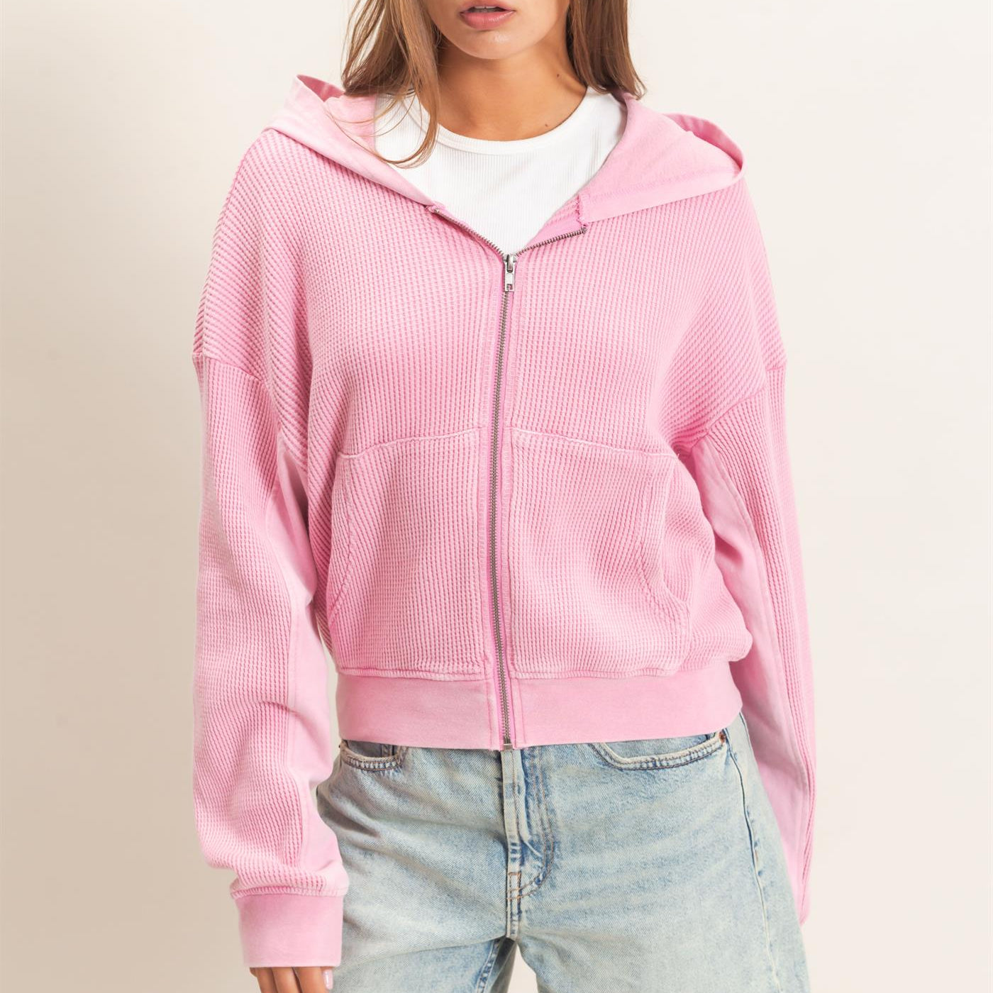 Wholesale Acid Wash Waffle Knit Zip-Up Hoodie Hoodies DZ26E401 PINK DOUBLE ZERO
