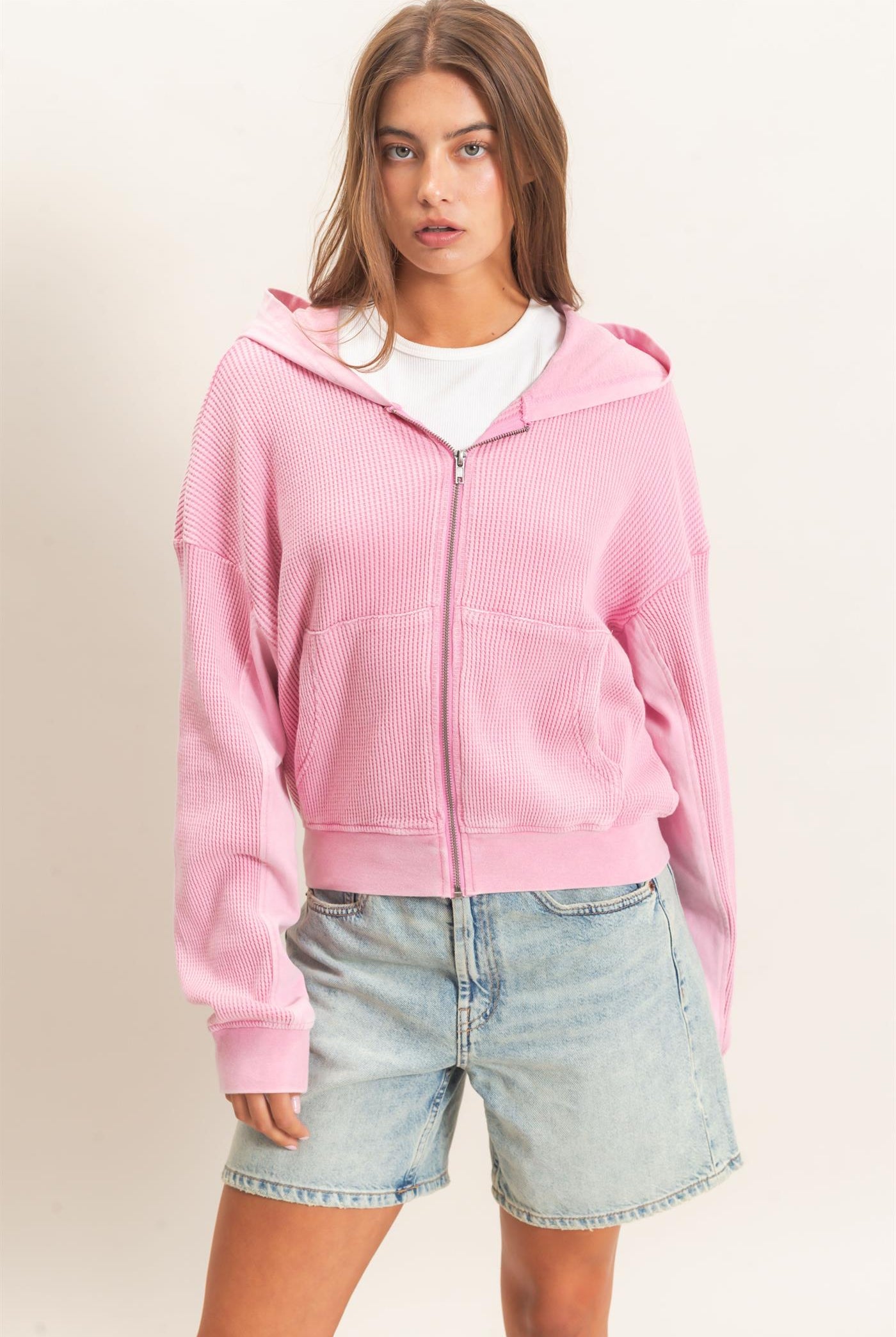 Wholesale Acid Wash Waffle Knit Zip-Up Hoodie Hoodies DZ26E401 PINK DOUBLE ZERO