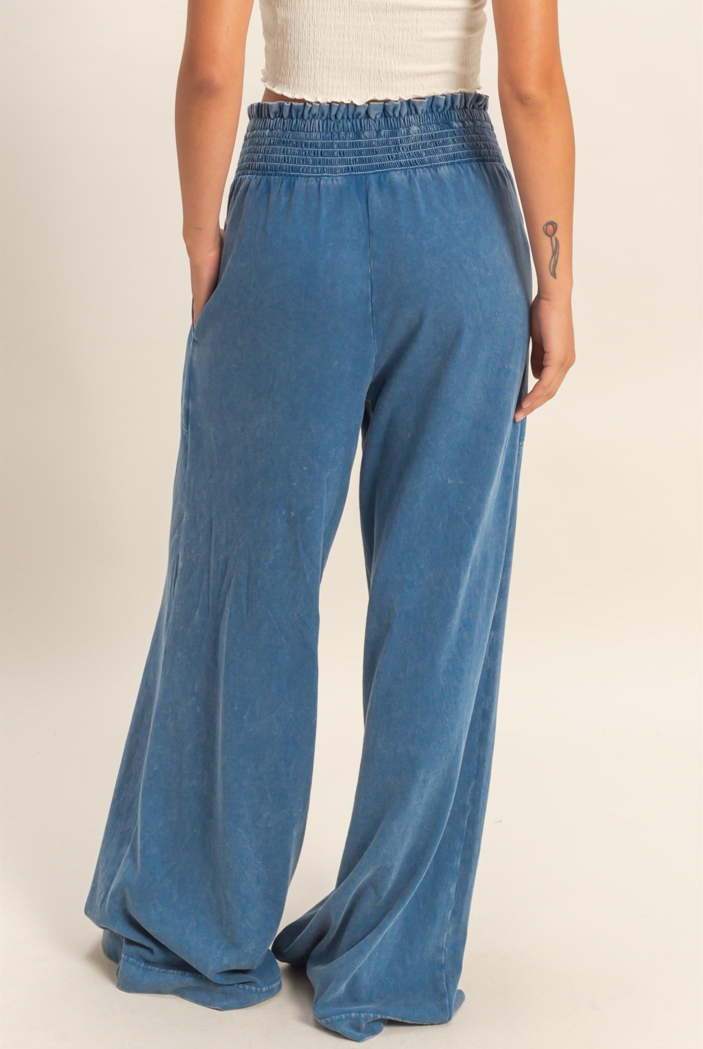 Wholesale Mineral Washed Wide-Leg Smocked Waist Pants Pants DZ26A249 NAVY DOUBLE ZERO