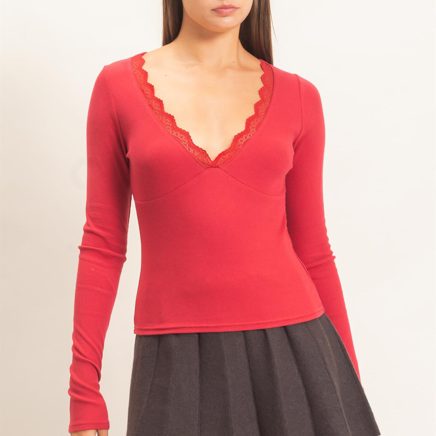 Wholesale Lace Trim V-Neck Top Clothing Tops DZ26E913 DARK RED DOUBLE ZERO