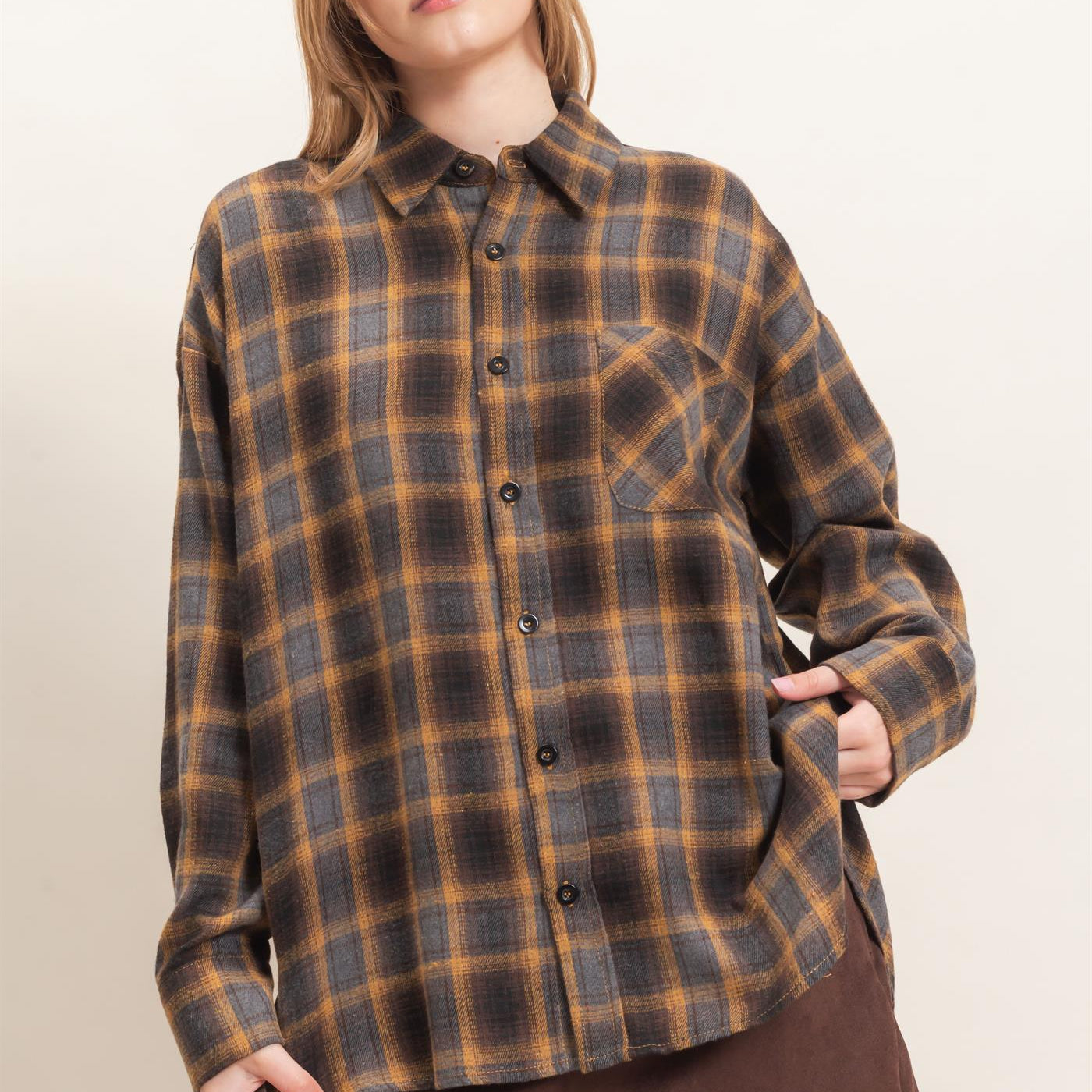 Wholesale Plaid Button-Up Shirt Clothing Tops HF26F017 MUSTARD HYFVE