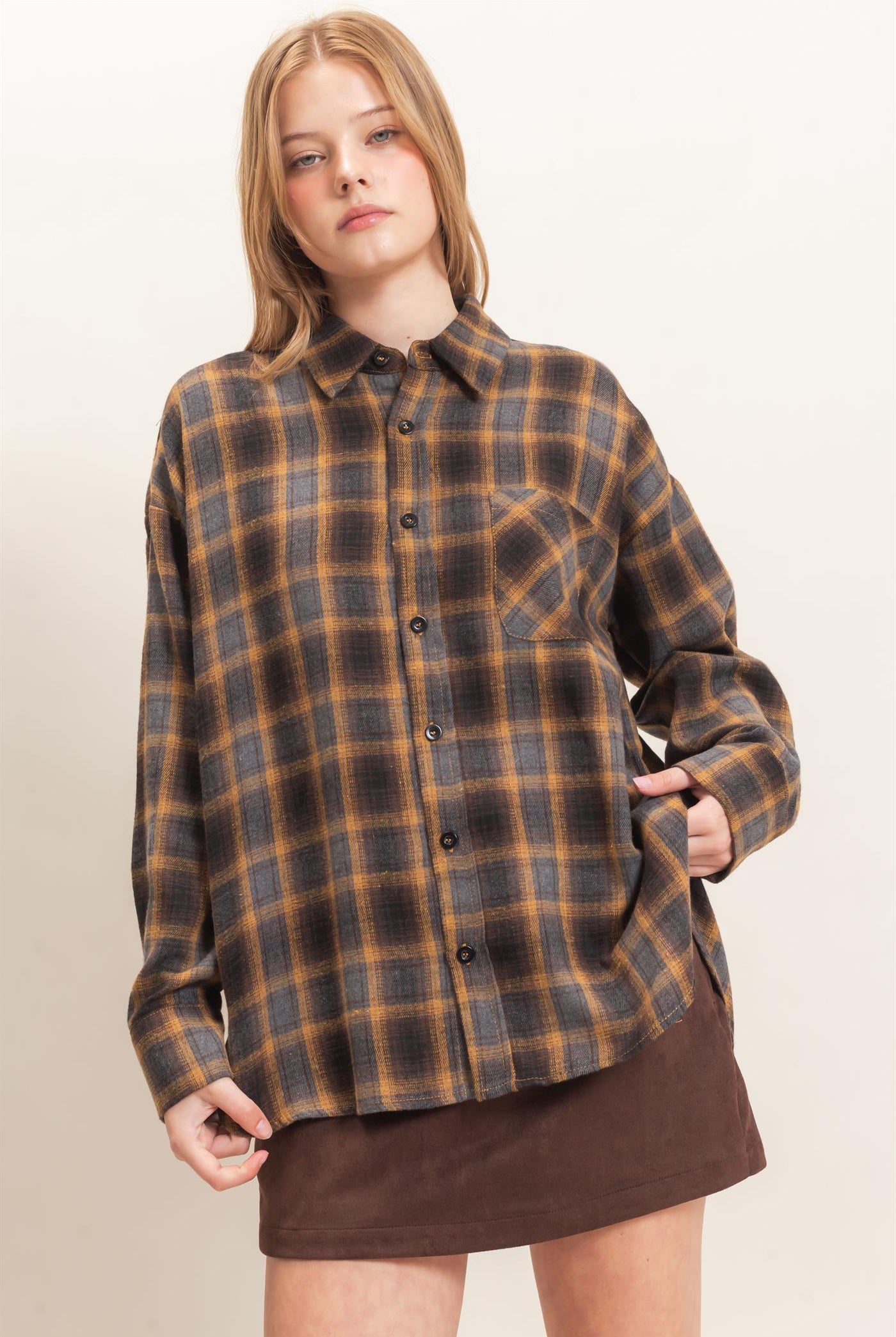 Wholesale Plaid Button-Up Shirt Clothing Tops HF26F017 MUSTARD HYFVE