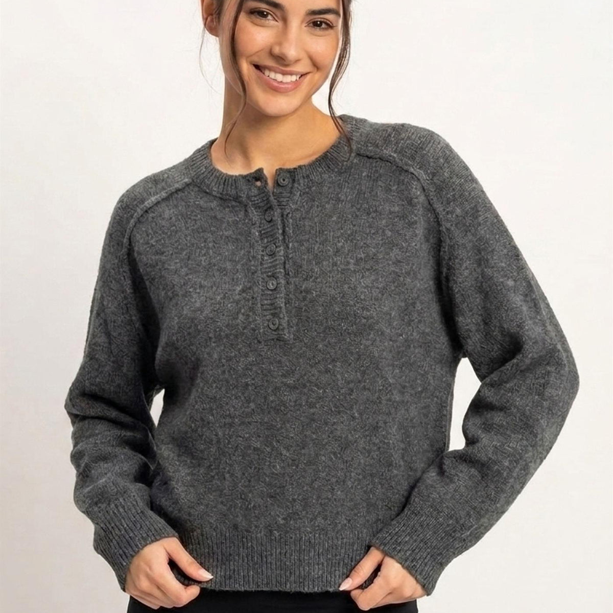 Wholesale Henley Sweater With Reverse Seams Sweaters DZ26F004 CHARCOAL DOUBLE ZERO