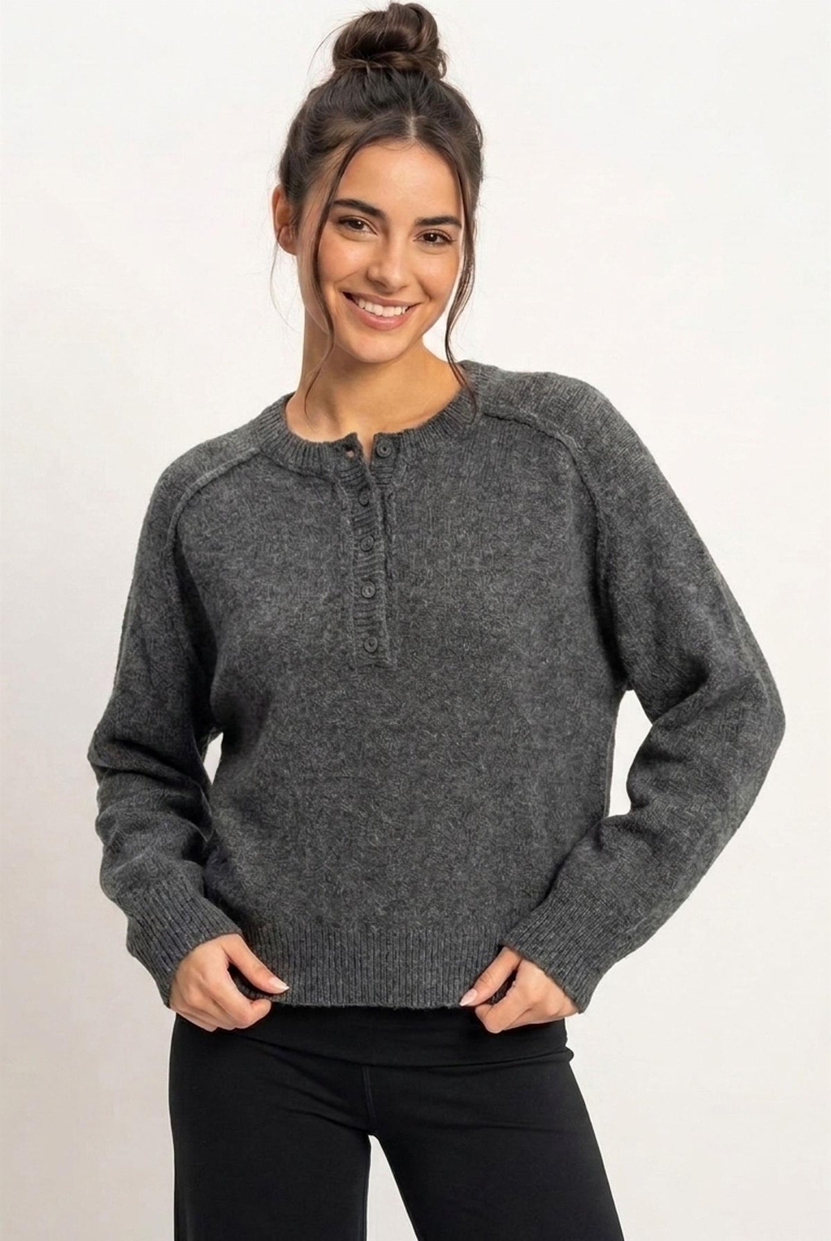 Wholesale Henley Sweater With Reverse Seams Sweaters DZ26F004 CHARCOAL DOUBLE ZERO