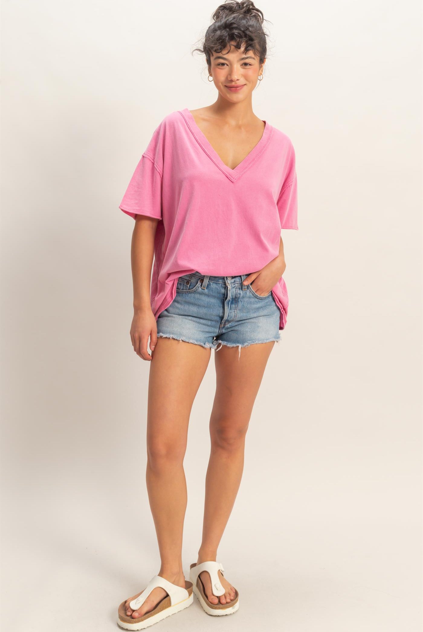 Wholesale Washed V-Neck Oversized Tee Clothing Tops DZ26A760 FUCHSIA DOUBLE ZERO