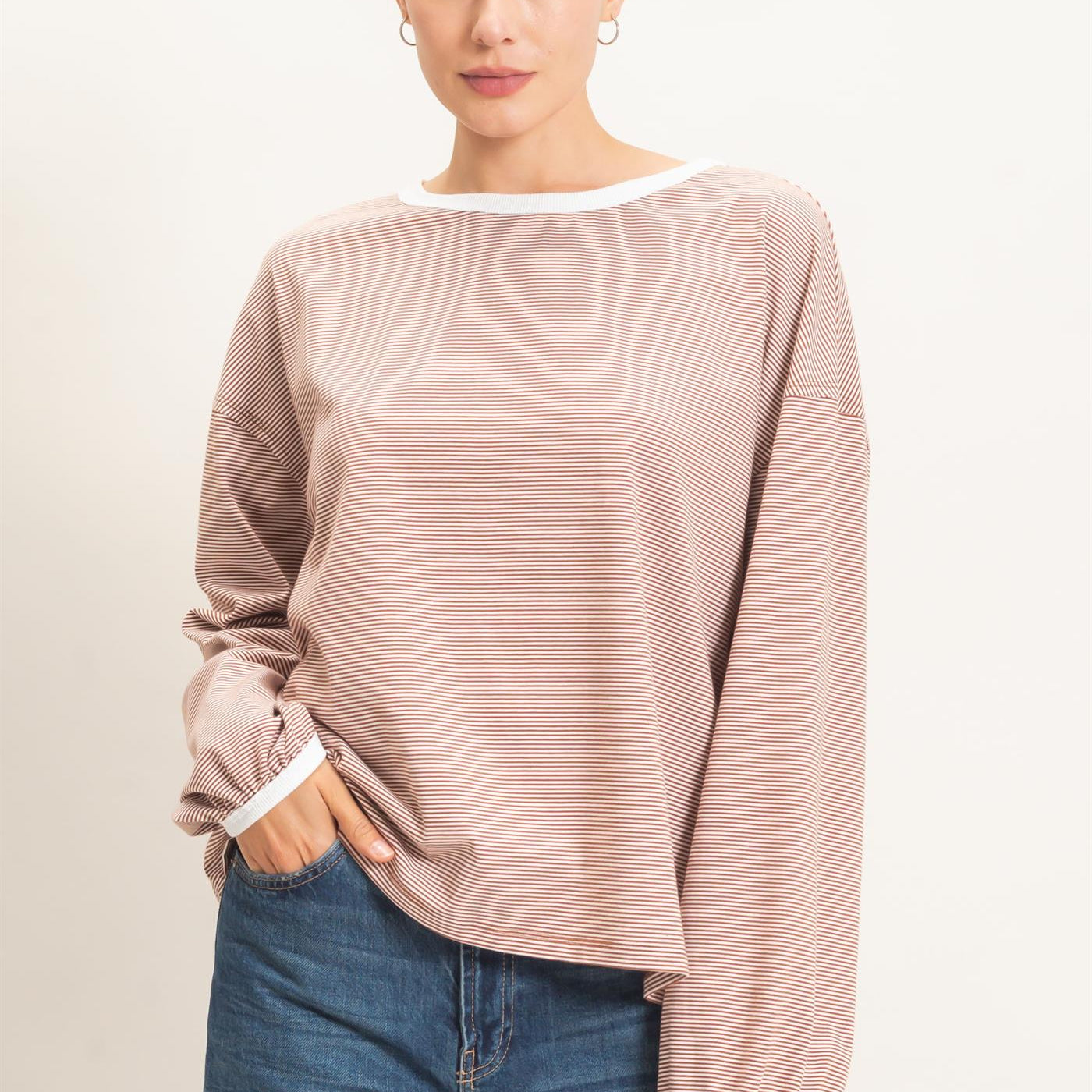 Wholesale Striped Boat Neck Long Sleeve Top Clothing Tops HF26E674 BRICK HYFVE