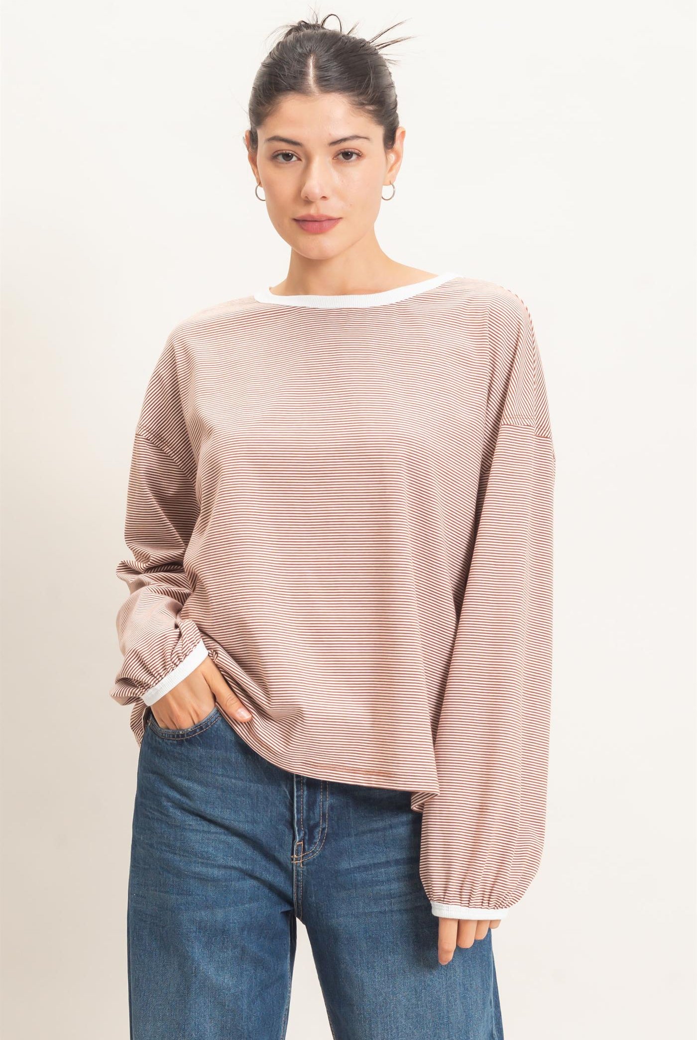 Wholesale Striped Boat Neck Long Sleeve Top Clothing Tops HF26E674 BRICK HYFVE