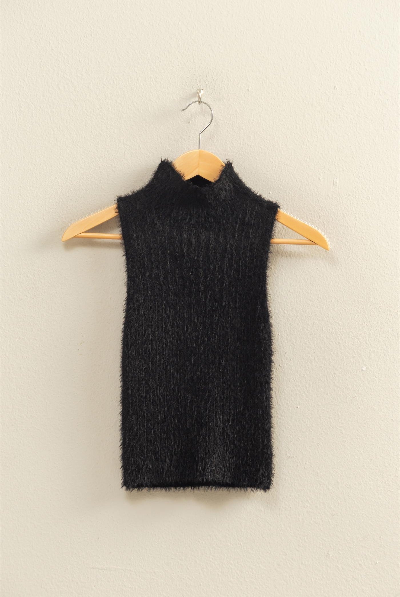 Wholesale Ribbed Sleeveless High Neck Knit Top Clothing Tops DZ25F113 BLACK HYFVE