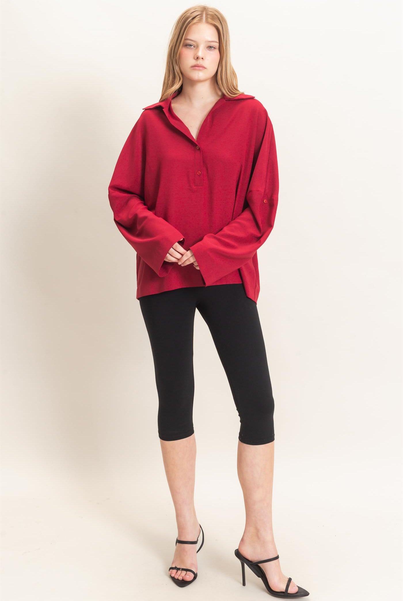 Wholesale Buttoned Collar Split Sleeve Top Clothing Tops HF26F071 BURGUNDY HYFVE