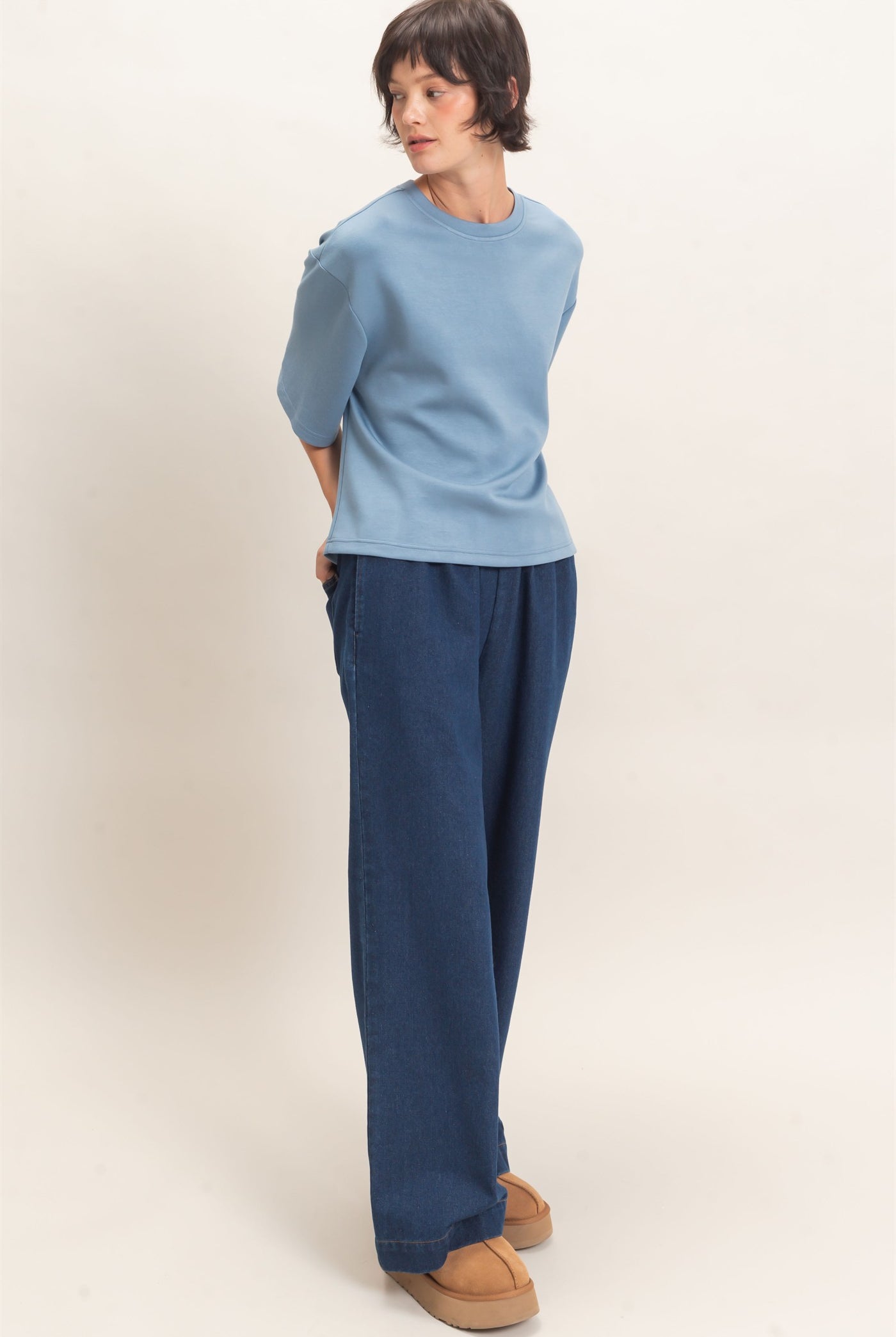 Wholesale Loose Fit Crew Neck Short Sleeve Top Clothing Tops DZ26C965 DUSTY BLUE DOUBLE ZERO