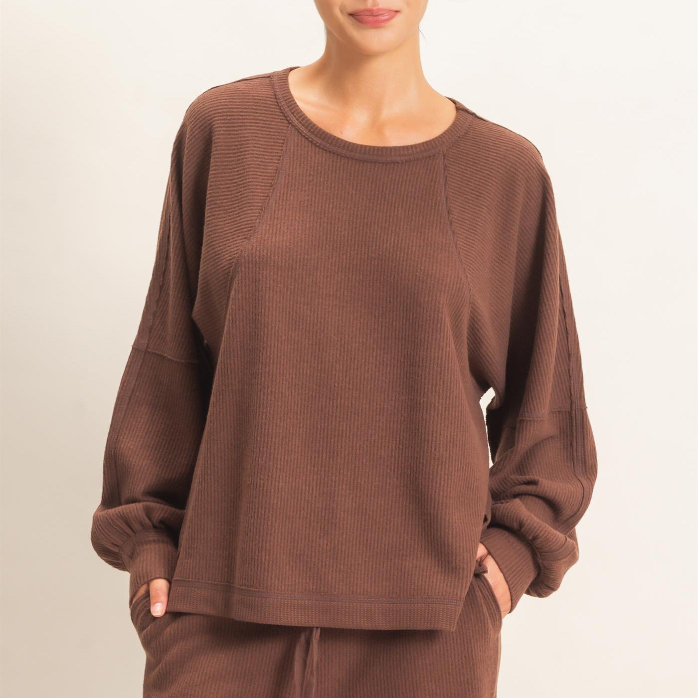 Wholesale Brushed Waffle Long Sleeve Top Clothing Tops DZ26F312 DARK BROWN DOUBLE ZERO