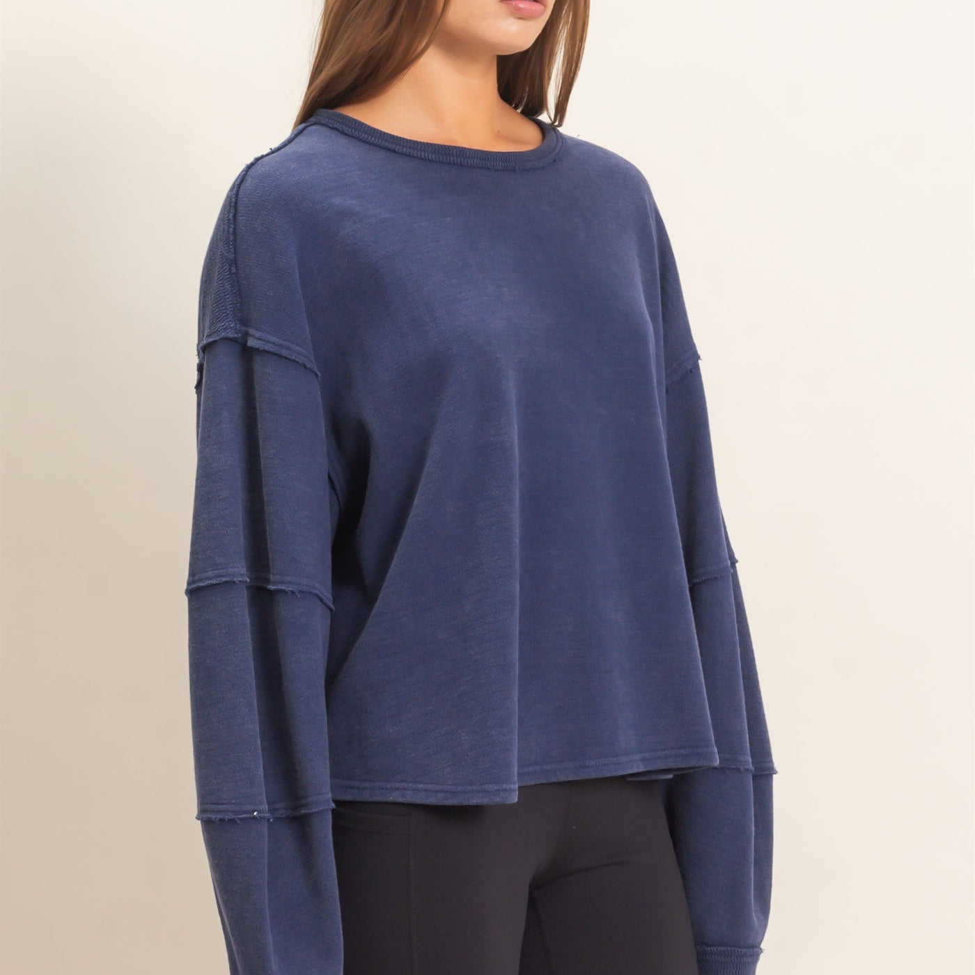 Wholesale Mineral Wash Overzised Raw Edge Crew Neck Top Clothing Tops DZ26E449 NAVY DOUBLE ZERO
