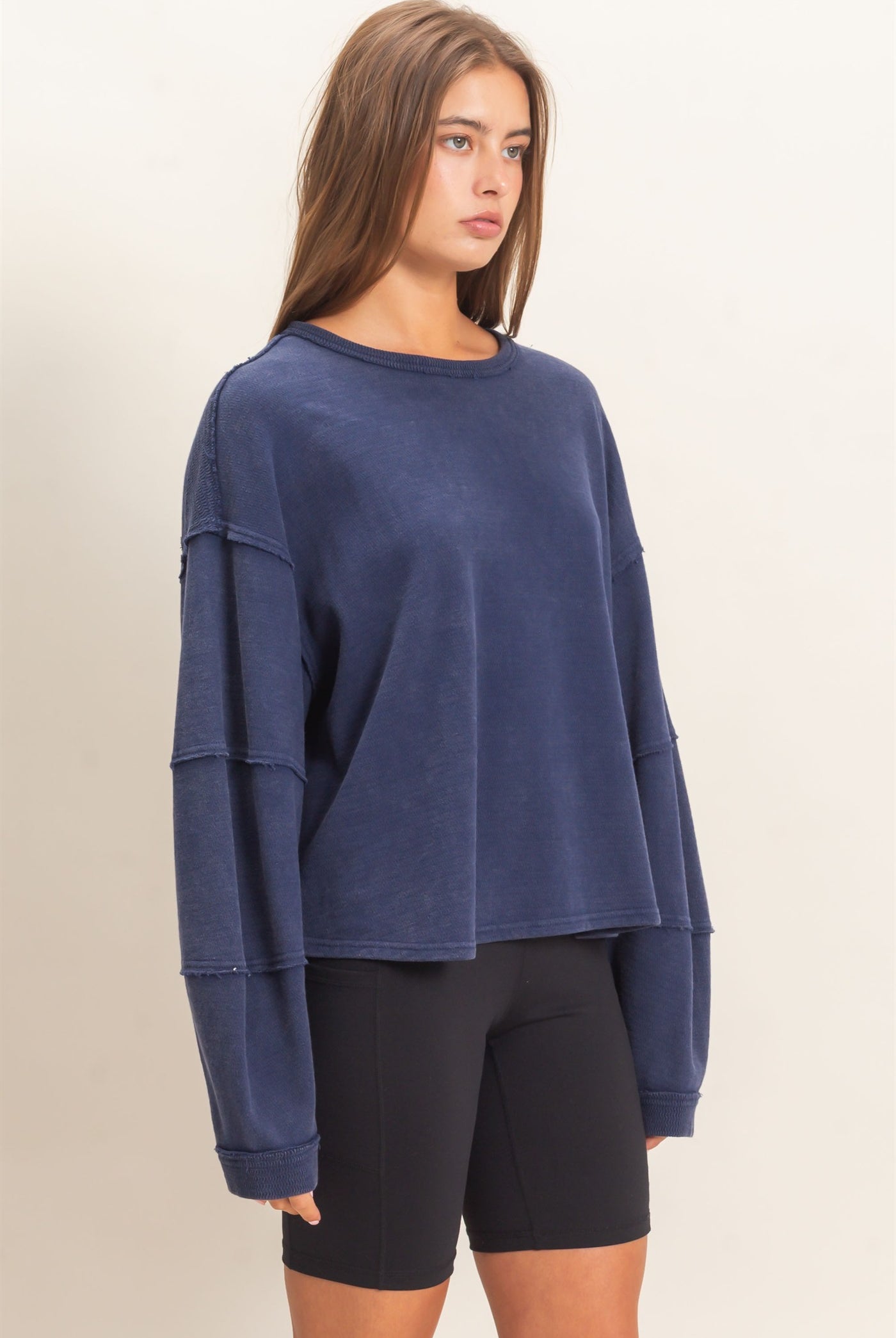 Wholesale Mineral Wash Overzised Raw Edge Crew Neck Top Clothing Tops DZ26E449 NAVY DOUBLE ZERO